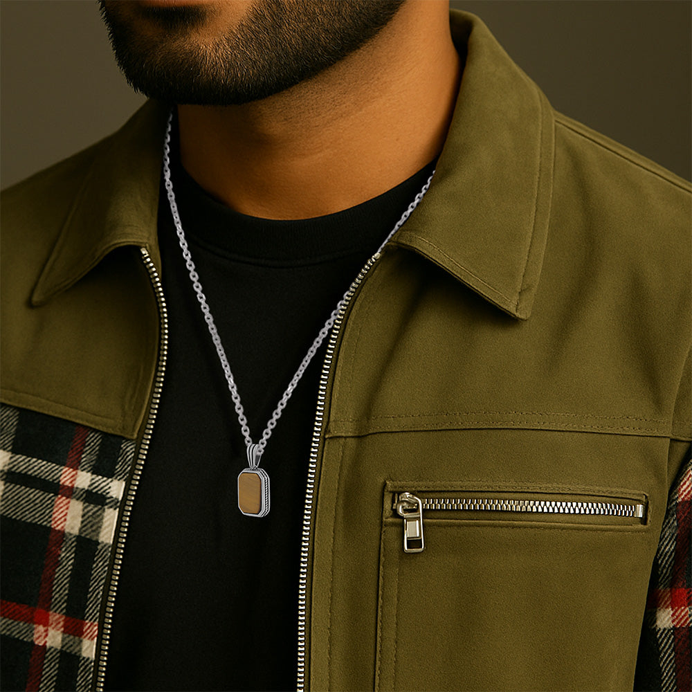 Octagonal Tiger Eye 925 Oxidised Pendant
