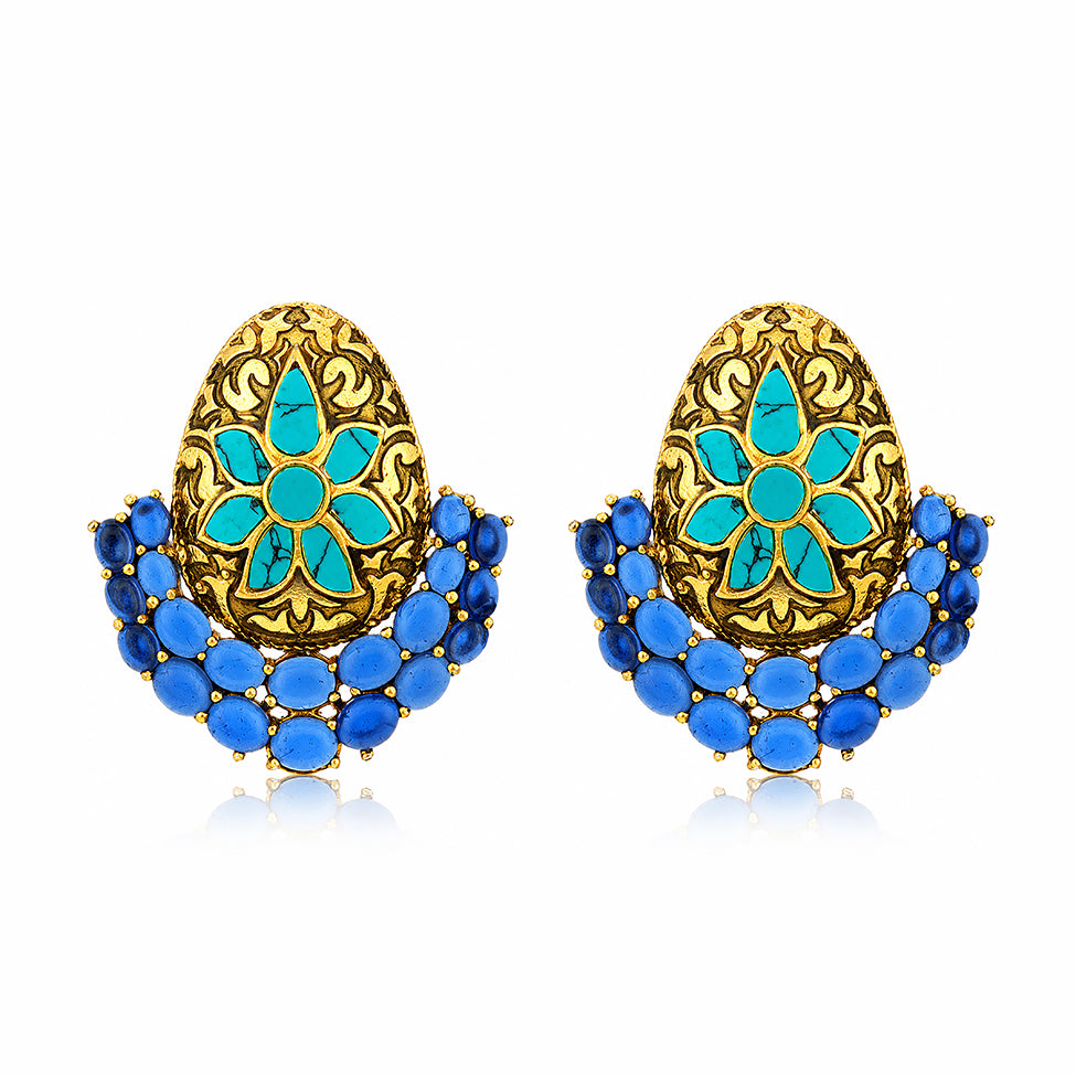 Floral Bee Golden 925 Sterling Silver Heritage Blue Stud Earrings Vendi Select