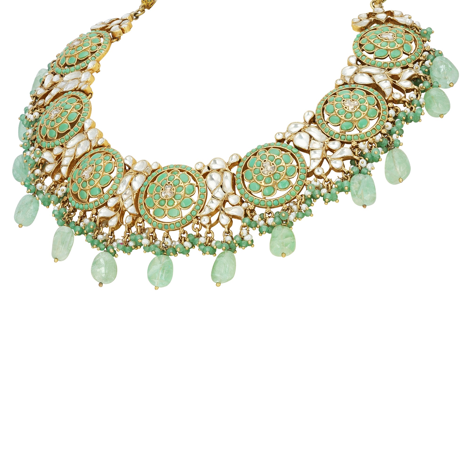 Close-up of Mint Green Meenakari Kundan Choker in 925 Sterling Silver with Polki Stones and Emerald Drops