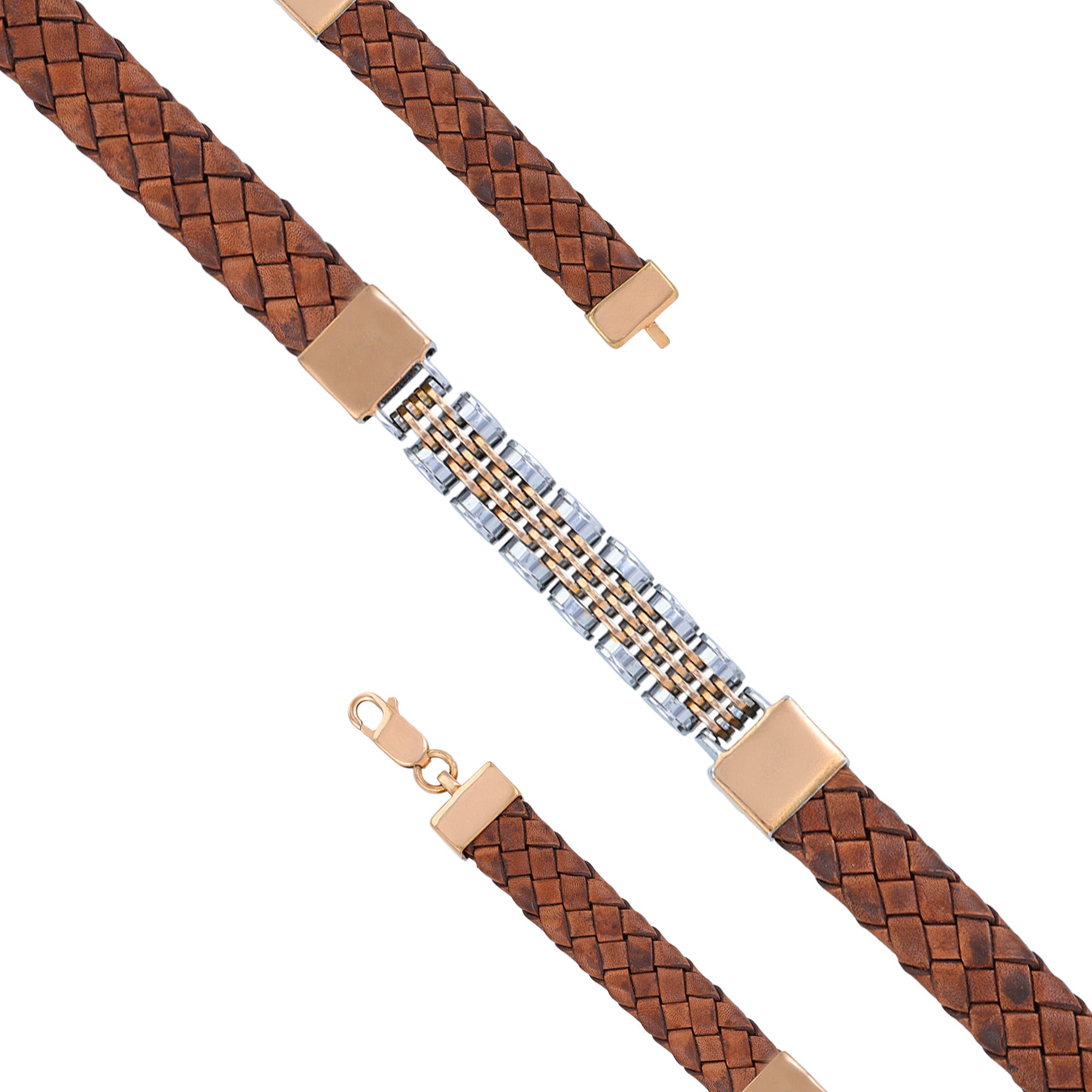 925 Sterling Silver Dual Tone Mesh Link Textured Brown Strap Bracelet for Men