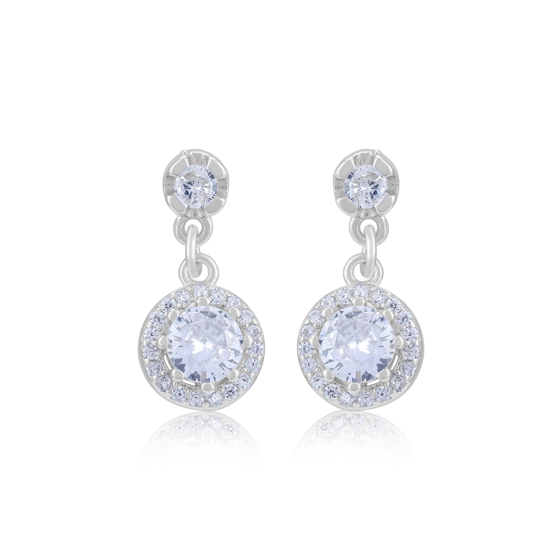 92.5 Sterling Silver Round Pave And Halo Drop Earrings For Women