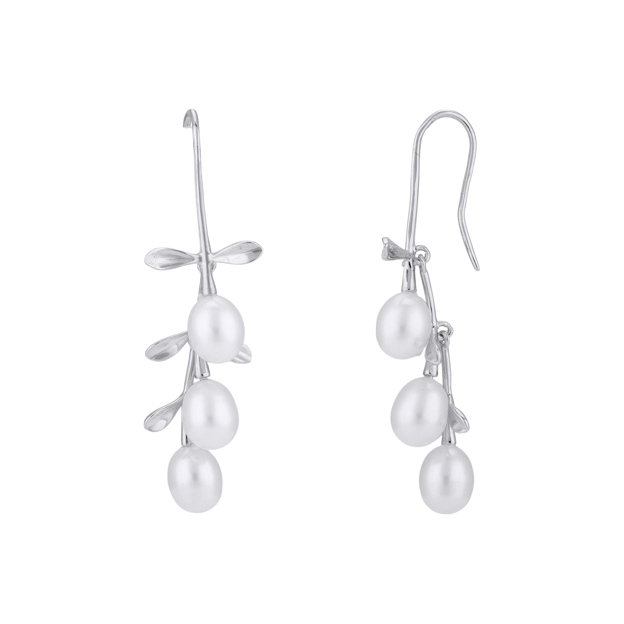 925 Sterling Silver Minimalist Leaf Stalk Cascading Pearls Earrings for Women