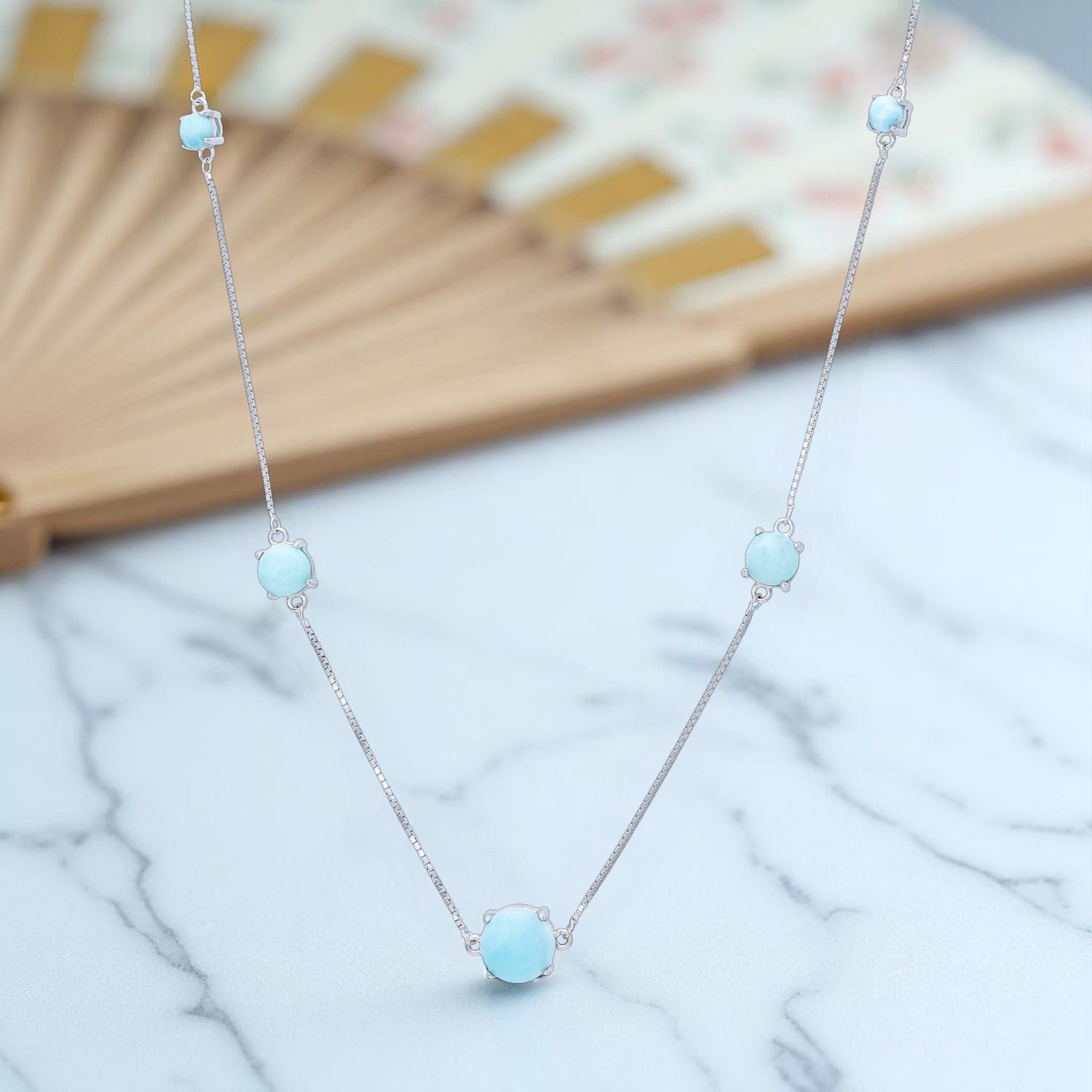 925 Sterling Silver Blue Larimar Layered Station Necklace for Women