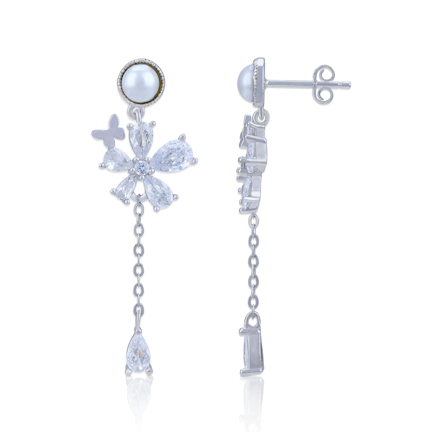 925 Sterling Silver Crystal Flower with Pearl Stud and Dangling Teardrop Earring for Women