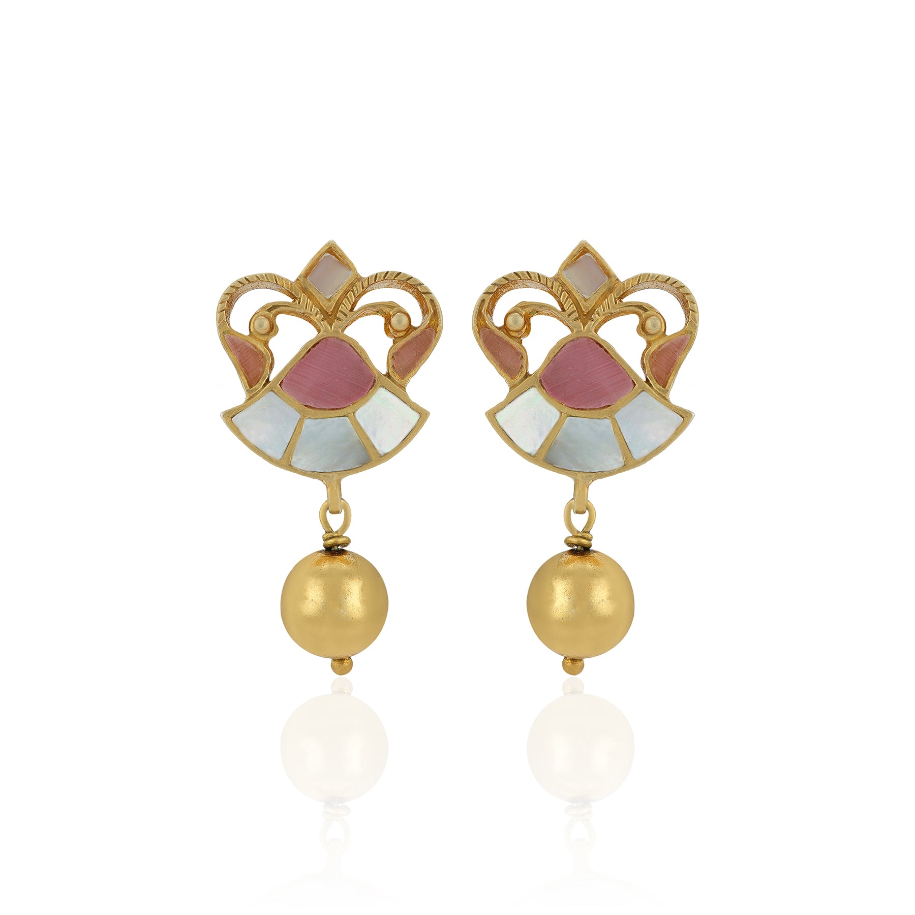 Pair of gold earrings with pink and white gemstones on a white background