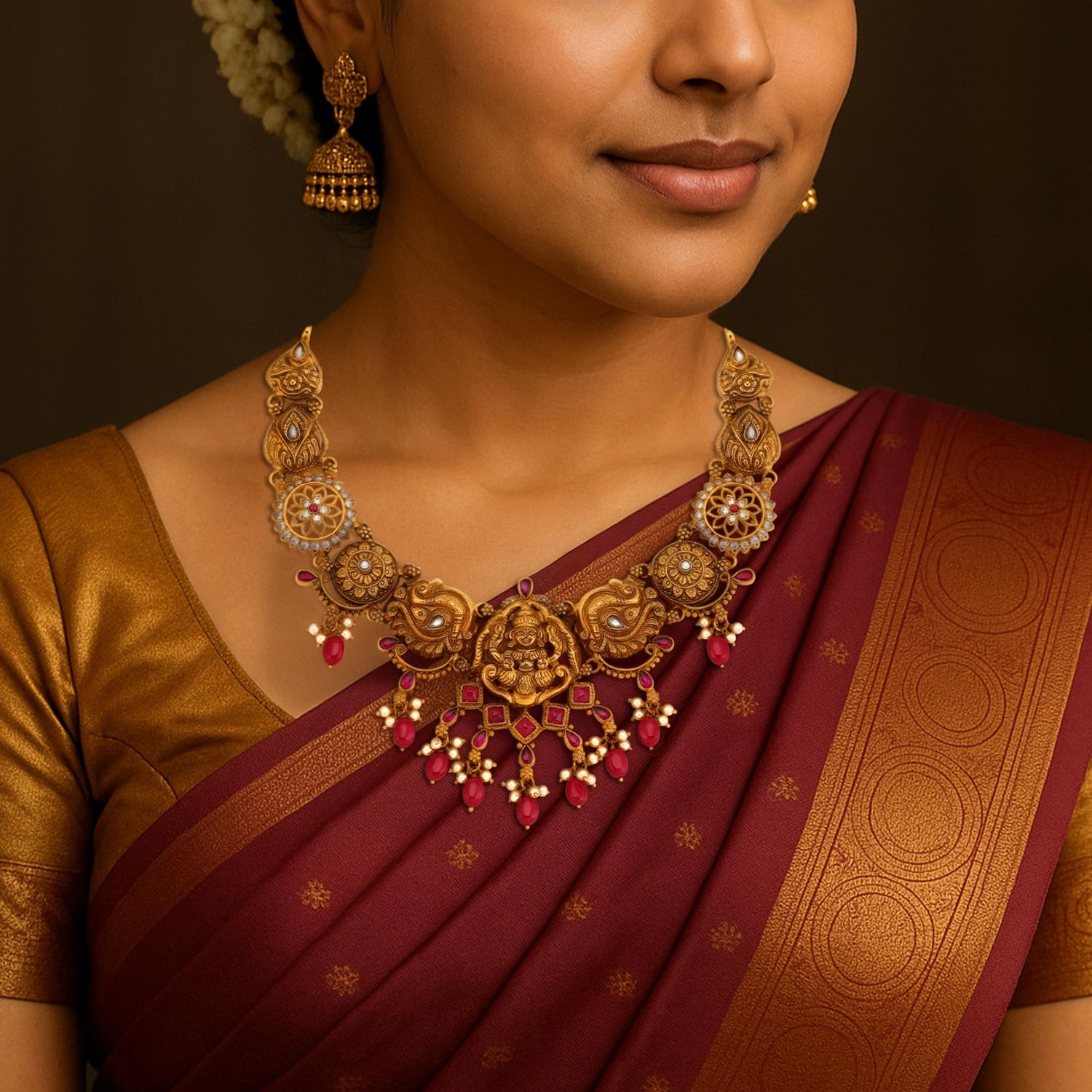 925 Sterling Silver Divine Goddess Peacock Red Beeds Drops Necklace