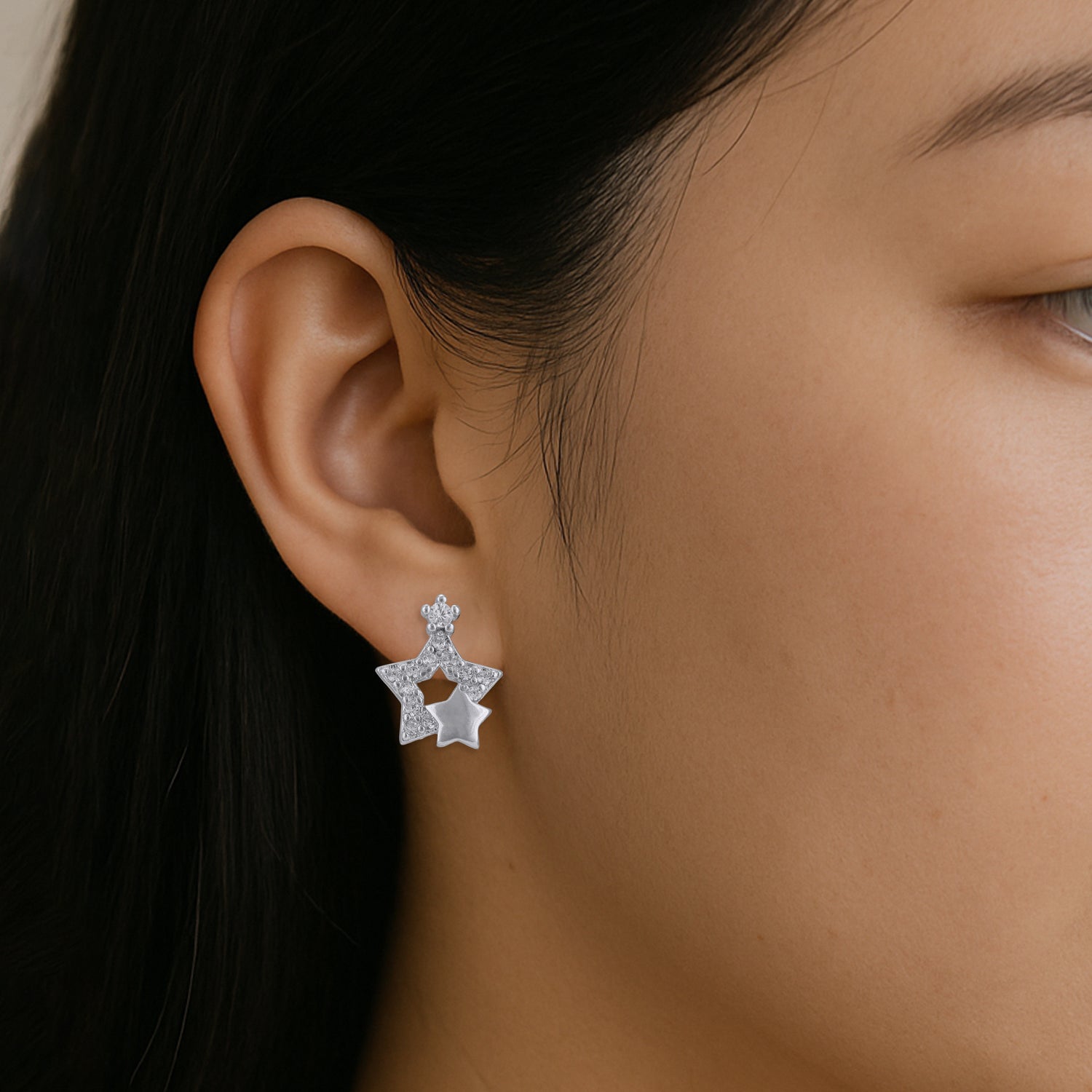 925 Sterling Silver Dual Star Diamond Stud Earrings with Open Frame and Polished Accent for Women