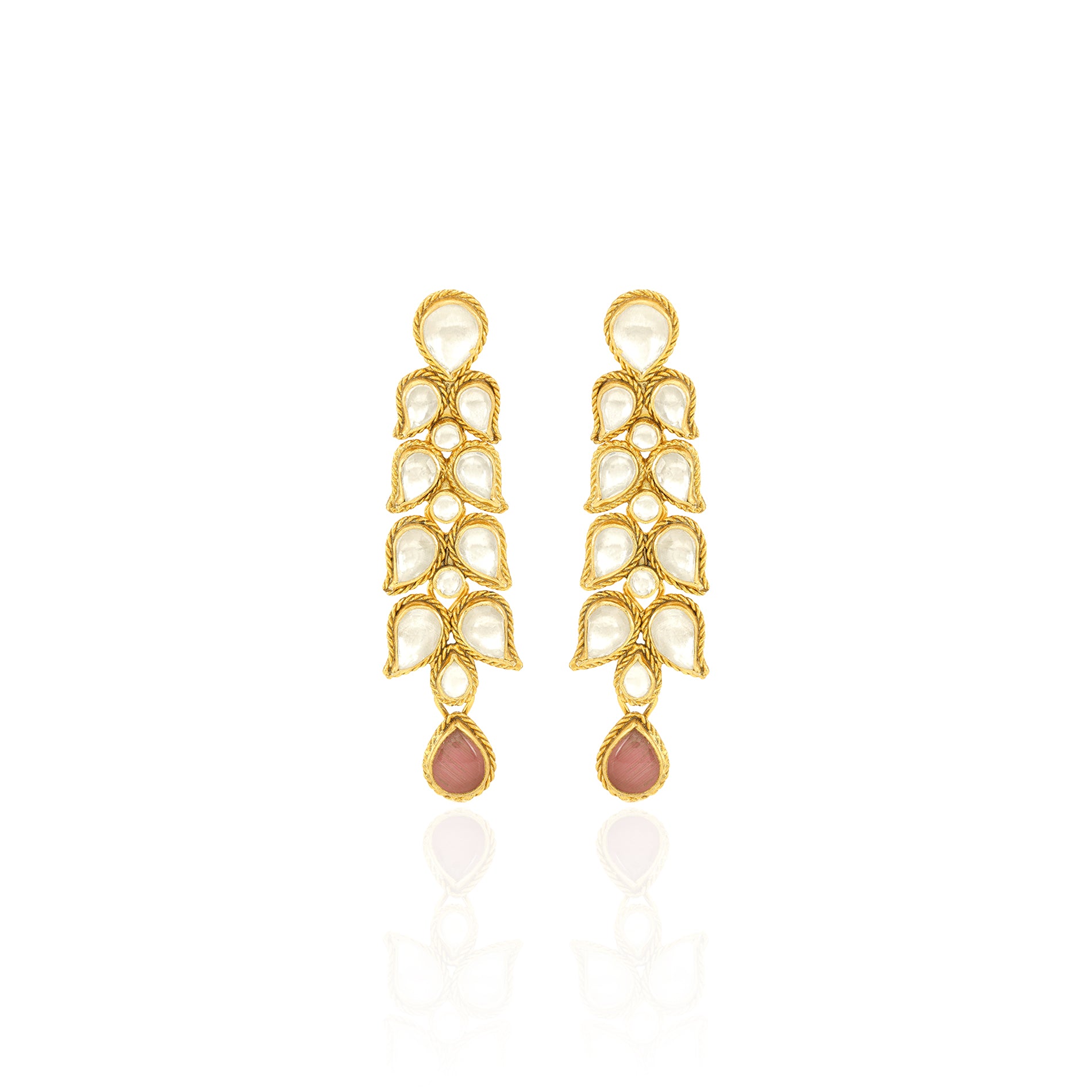 Gold earrings with pearl-like stones on a white background