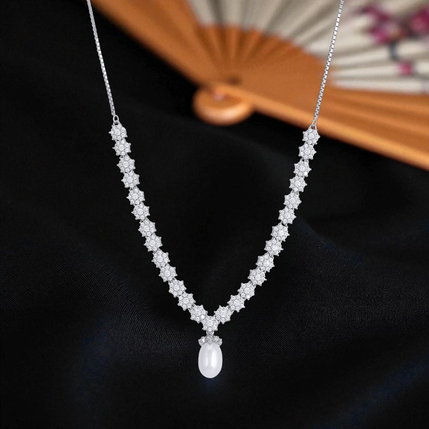 925 Sterling Silver Embellished Blossom Hanging White Pearl Necklace for Women