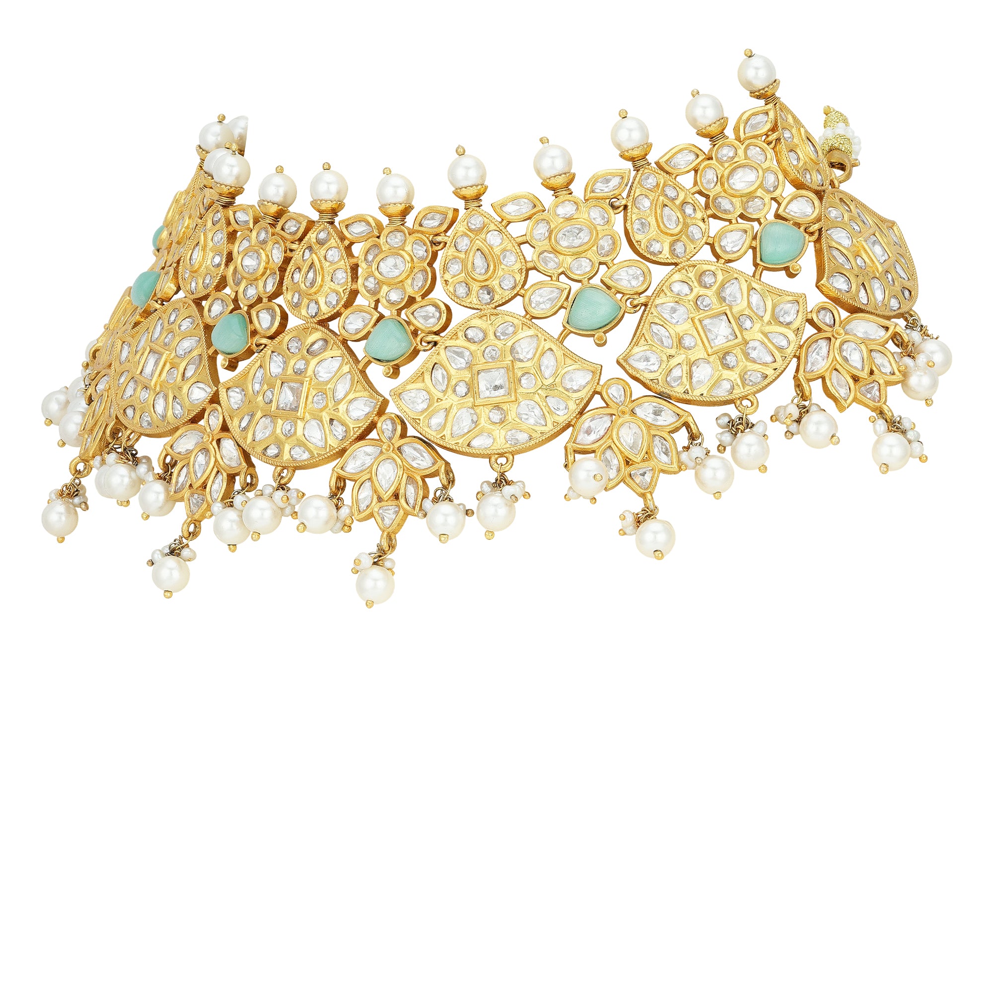 Close-up of Leaf-Inspired Gold-Tone Motifs and Pearl Drops on 925 Silver Necklace