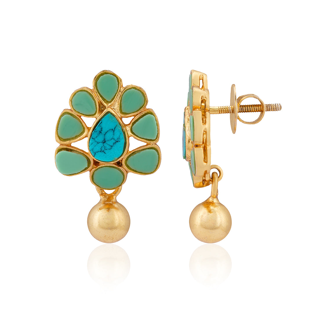 925 Sterling Silver Floral Turquoise Gold Drop Earrings For Women