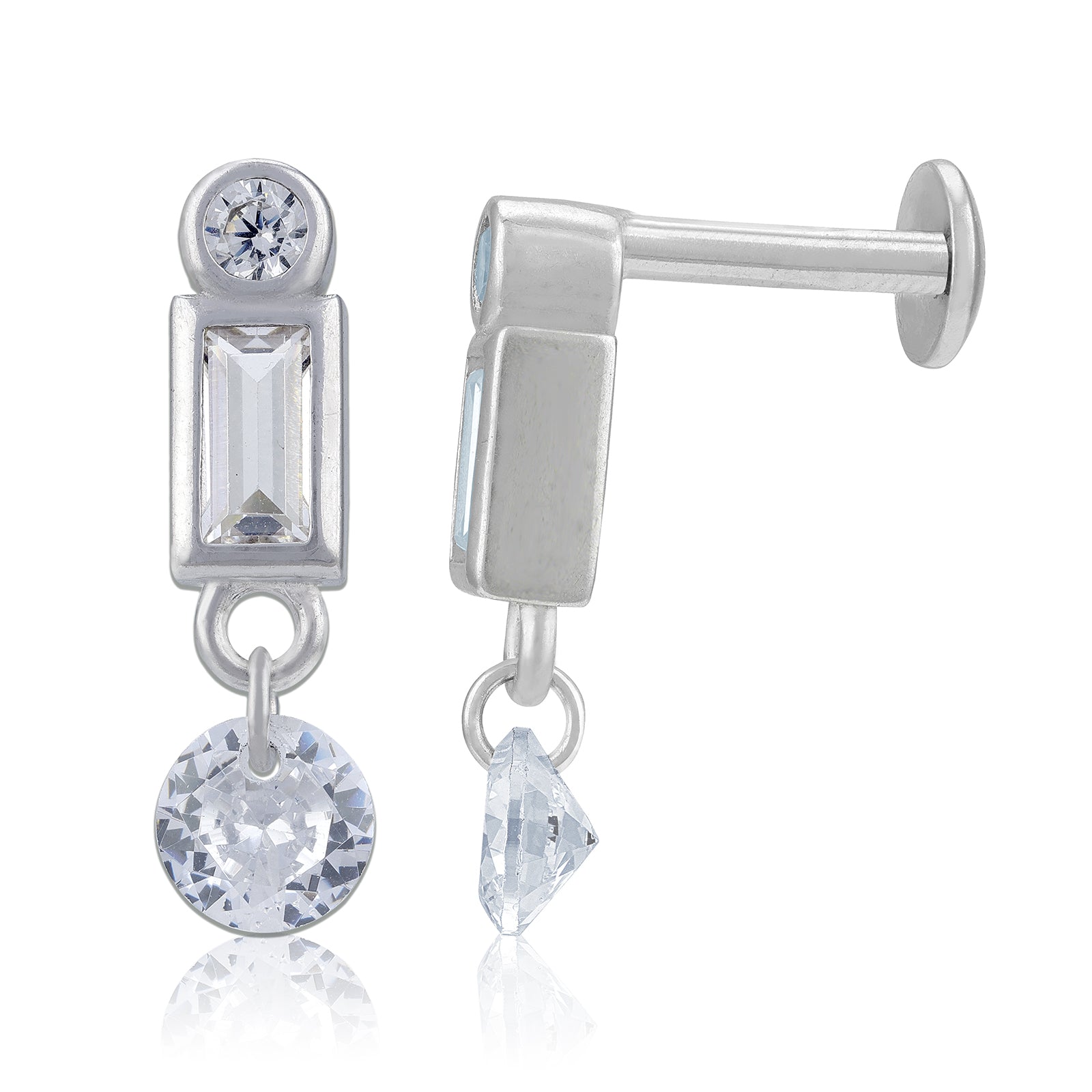 925 Sterling Silver Geometric Baguette and Round Drop Earring for Women