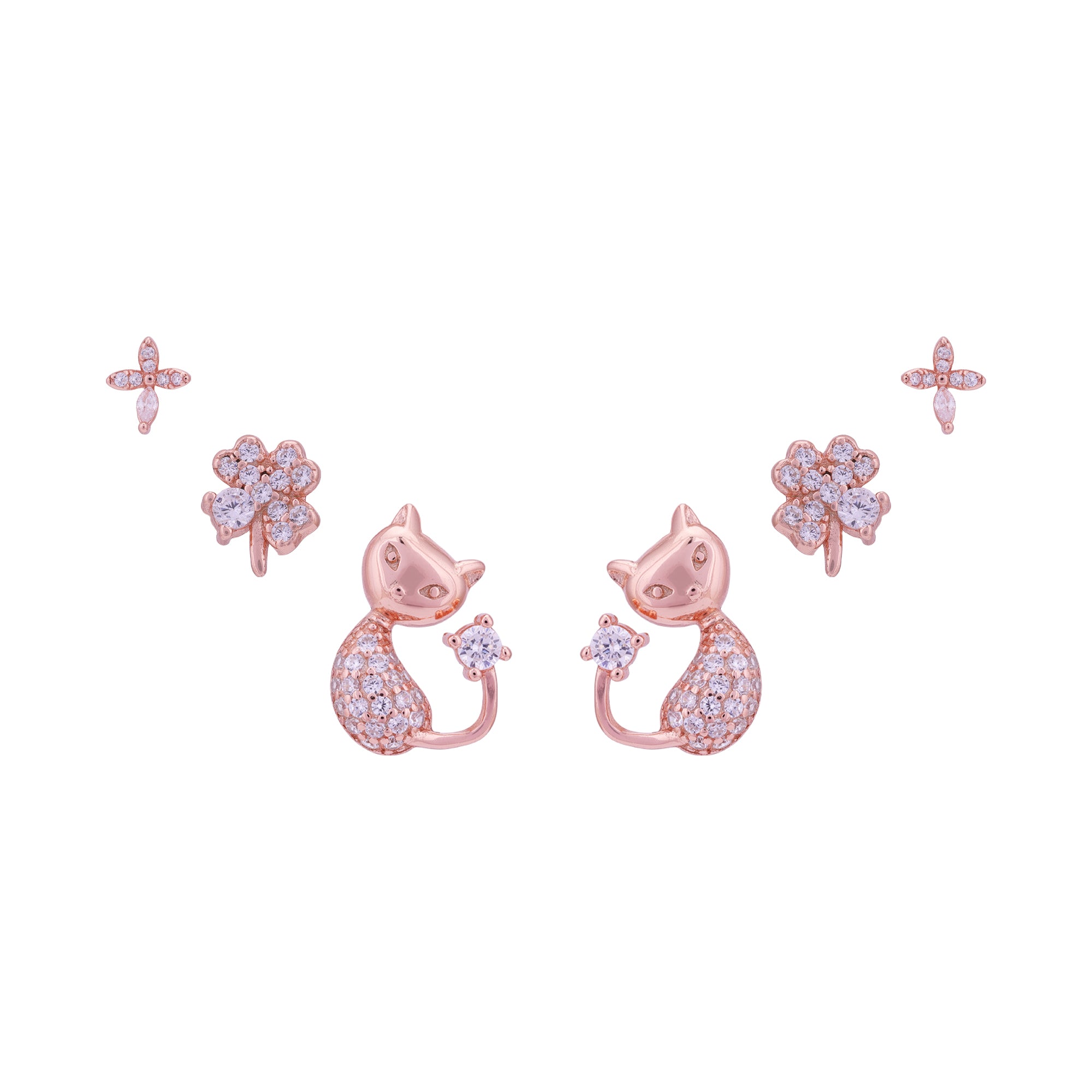 925 Sterling Silver Glittering Cat & Fluer 3 in 1 Earring Set for Women