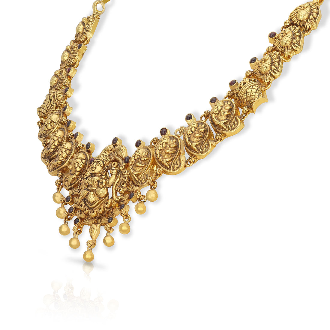 Gold necklace with intricate designs on a white background
