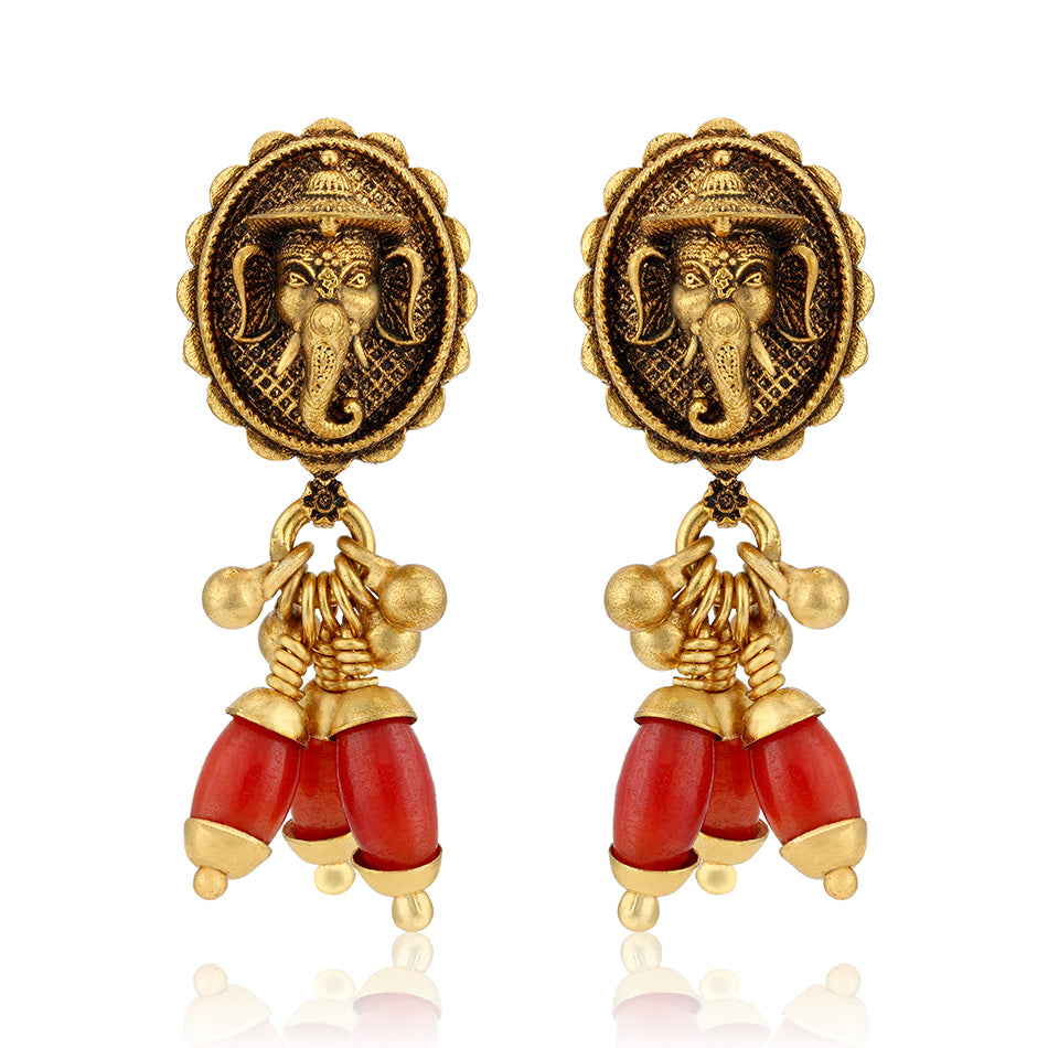 925 Sterling Silver Gold Plated Antique Ganesha Top Traditional Red Dangles Earrings for Women
