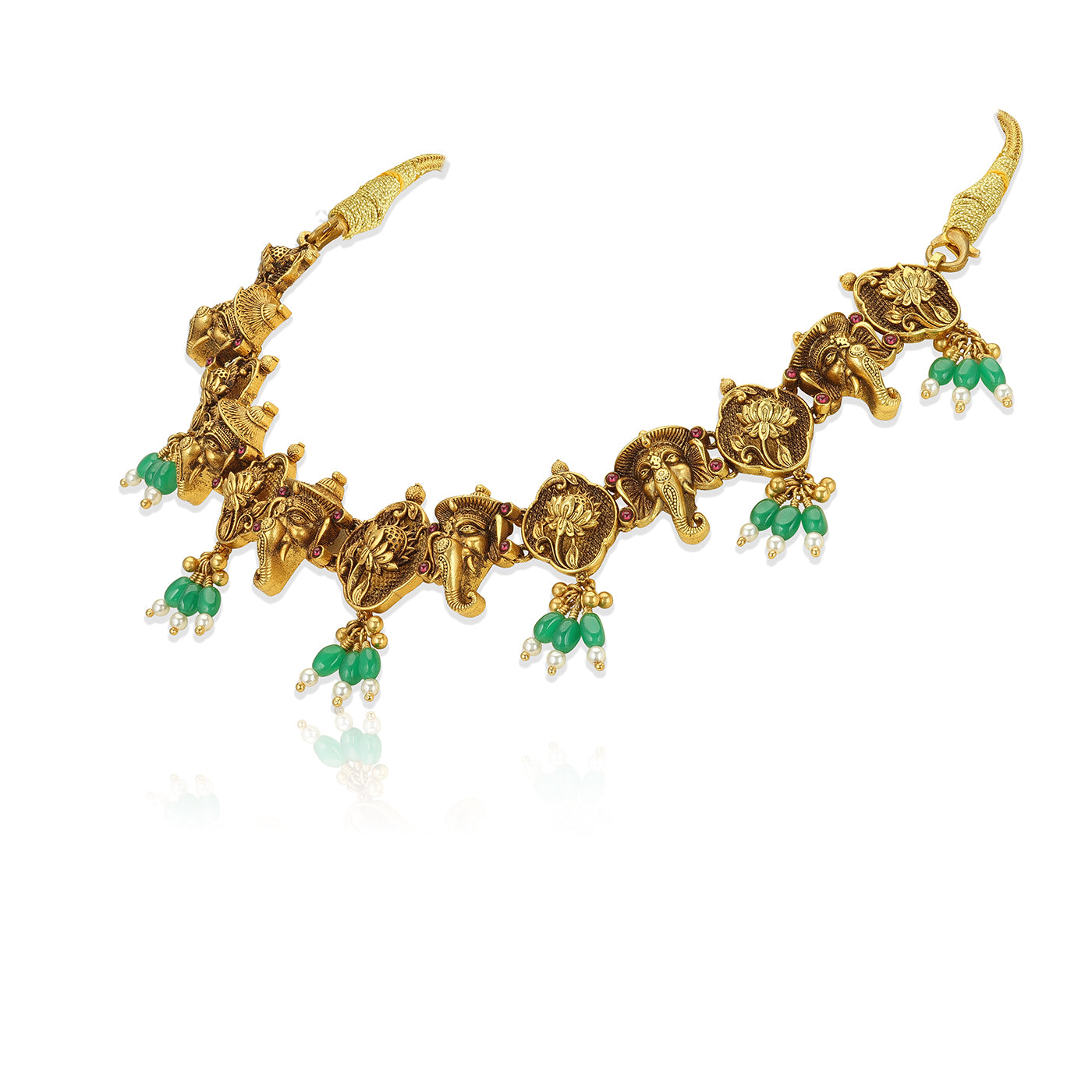925 Sterling Silver Gold Plated Ganapati Emerald Drop Temple Necklace for Women