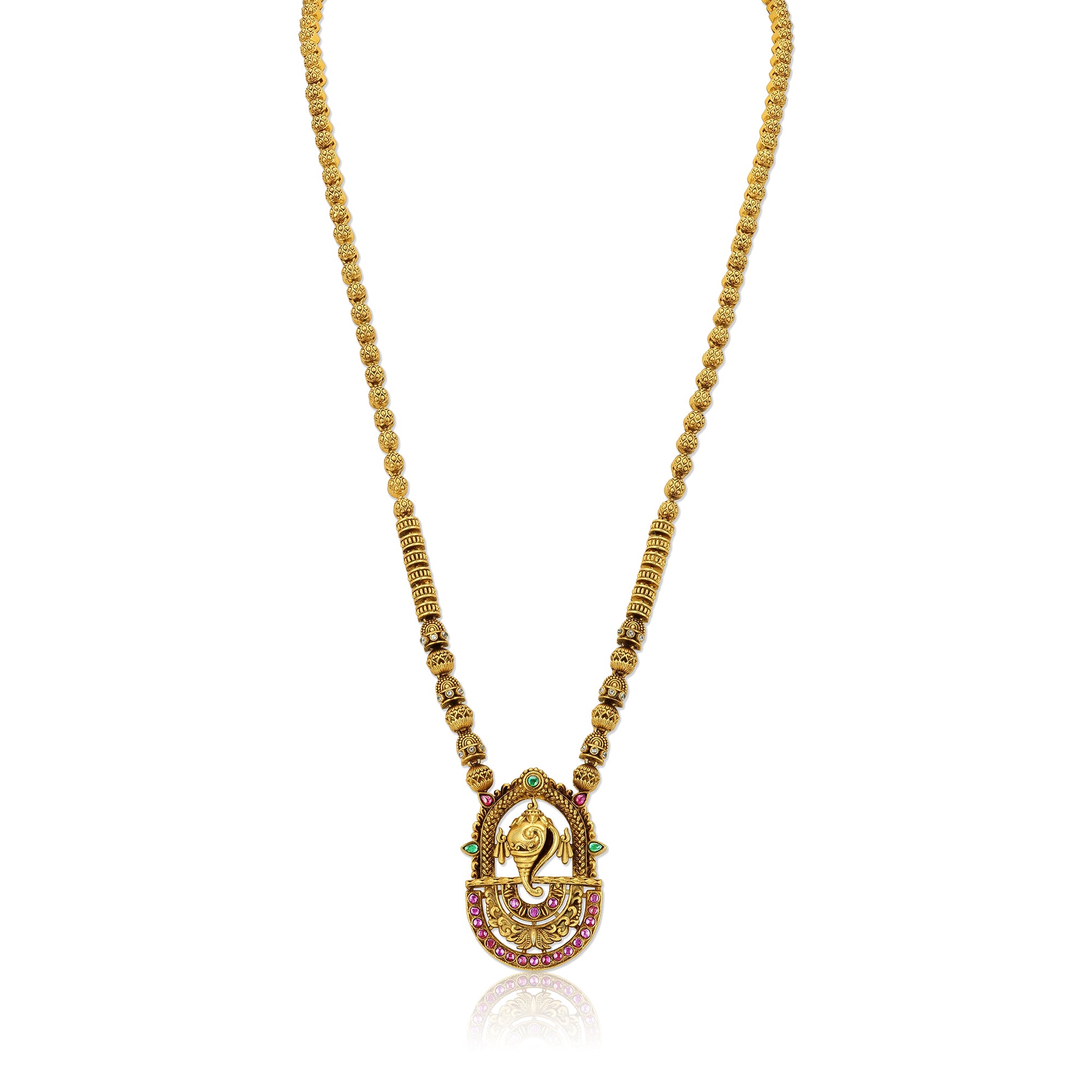 925 Sterling Silver Gold Plated Indian Shankh Pendant Spherical Beads Haram for Women