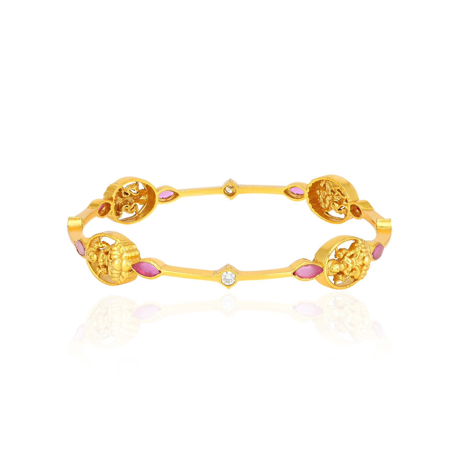 925 Sterling Silver Gold Plated Lakshmi Idol Pink Meenakari Leaf Accents Bangles for Women