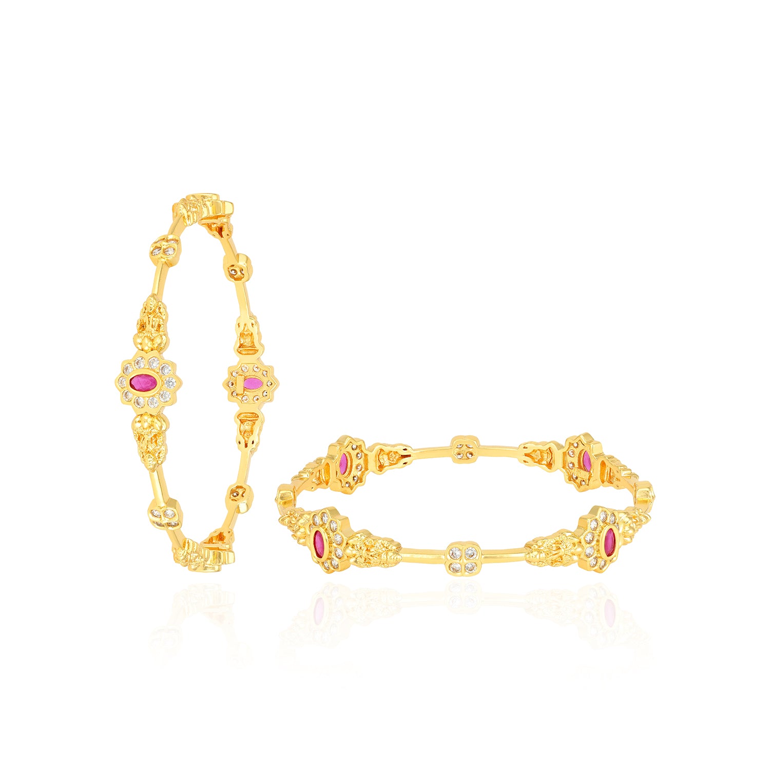 925 Sterling Silver Heritage Embossed Lakshmi Pair Floral Ruby Center Bangles for Women