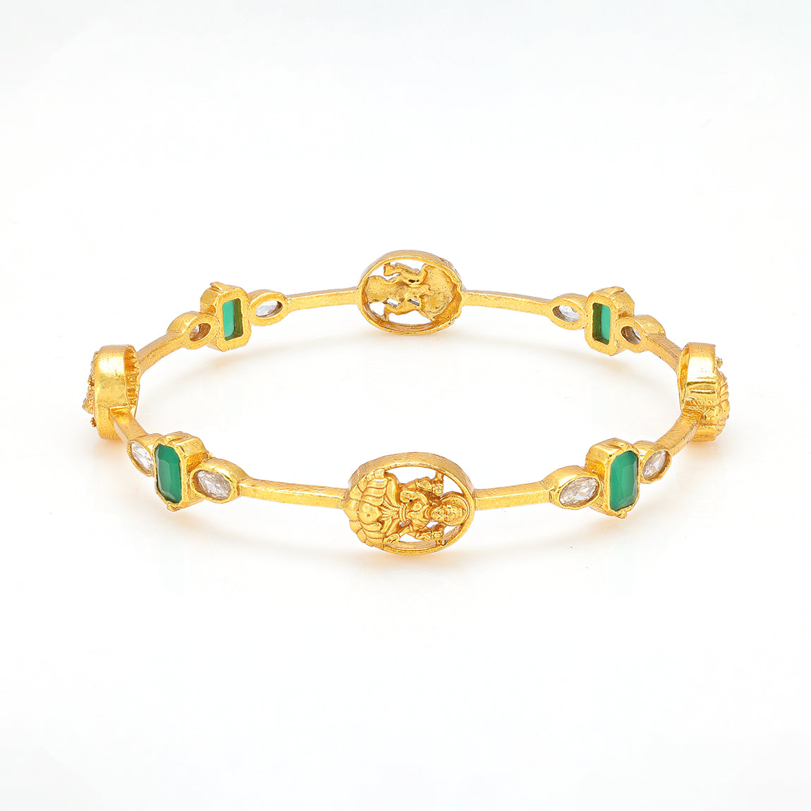 925 Sterling Silver Lakshmi Graced Divine Emerald Radiance Bangle For Women