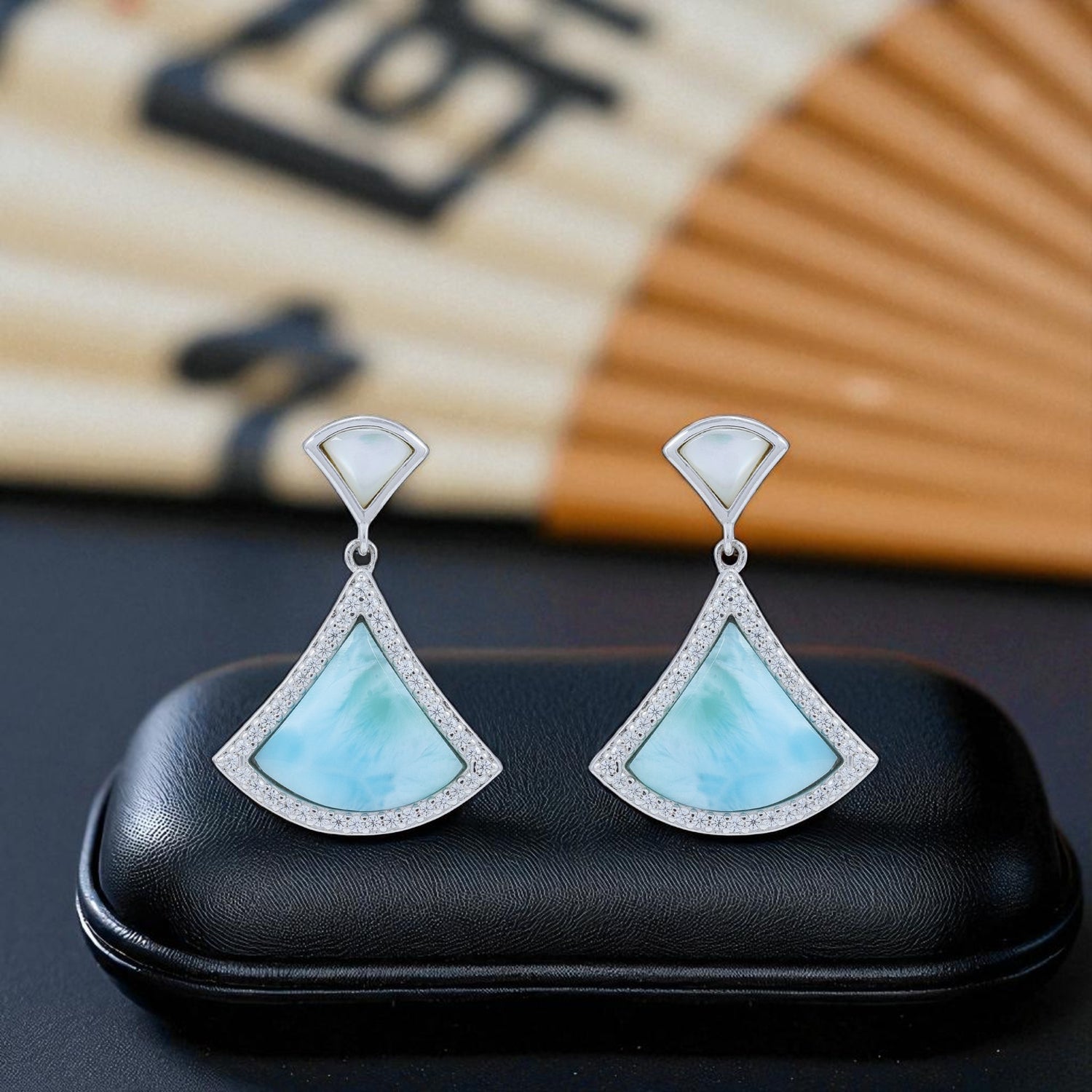 925 Sterling Silver Larimar Triangle Pave Statement Earrings for Women