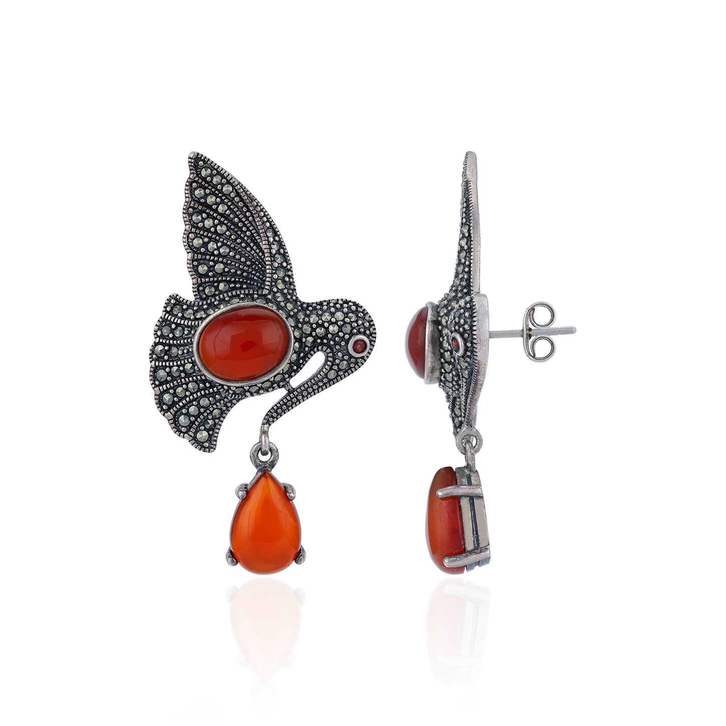 925 Sterling Silver Marcasite Bird Carnelian Earrings for Women