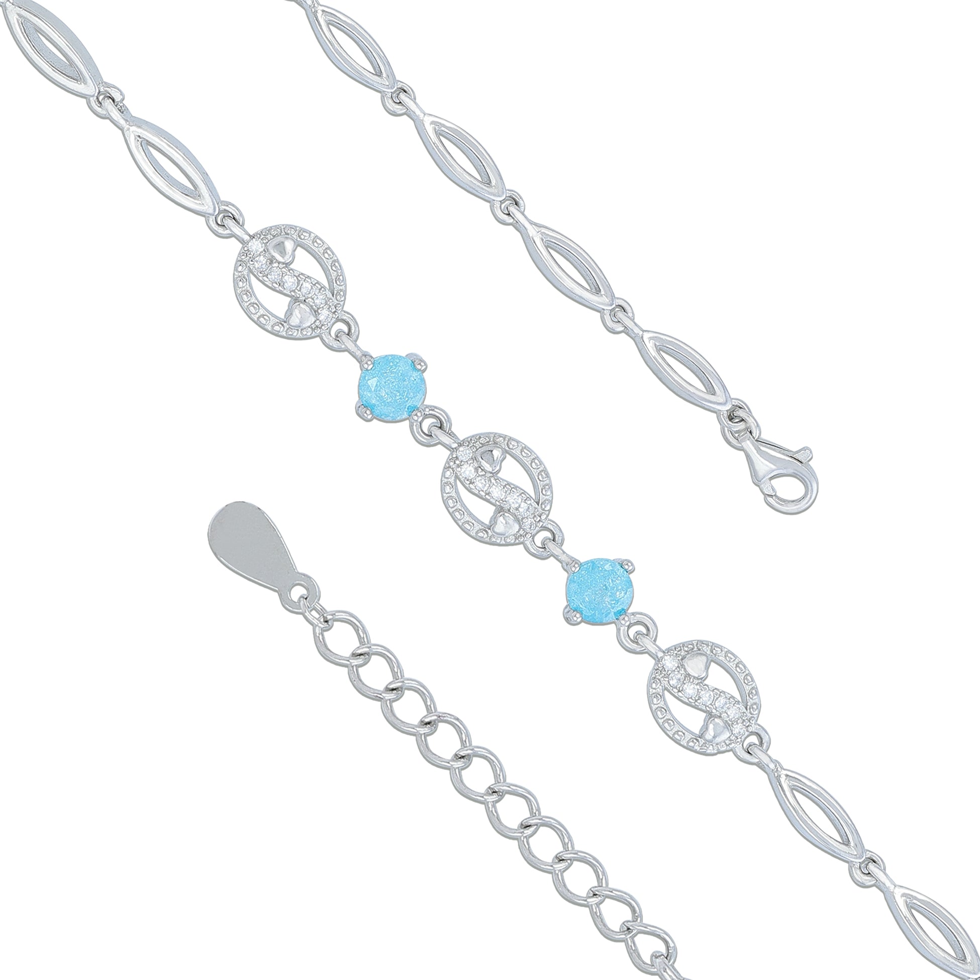 925 Sterling Silver Minimal Blue Stone Accent Chain Bracelet for Women