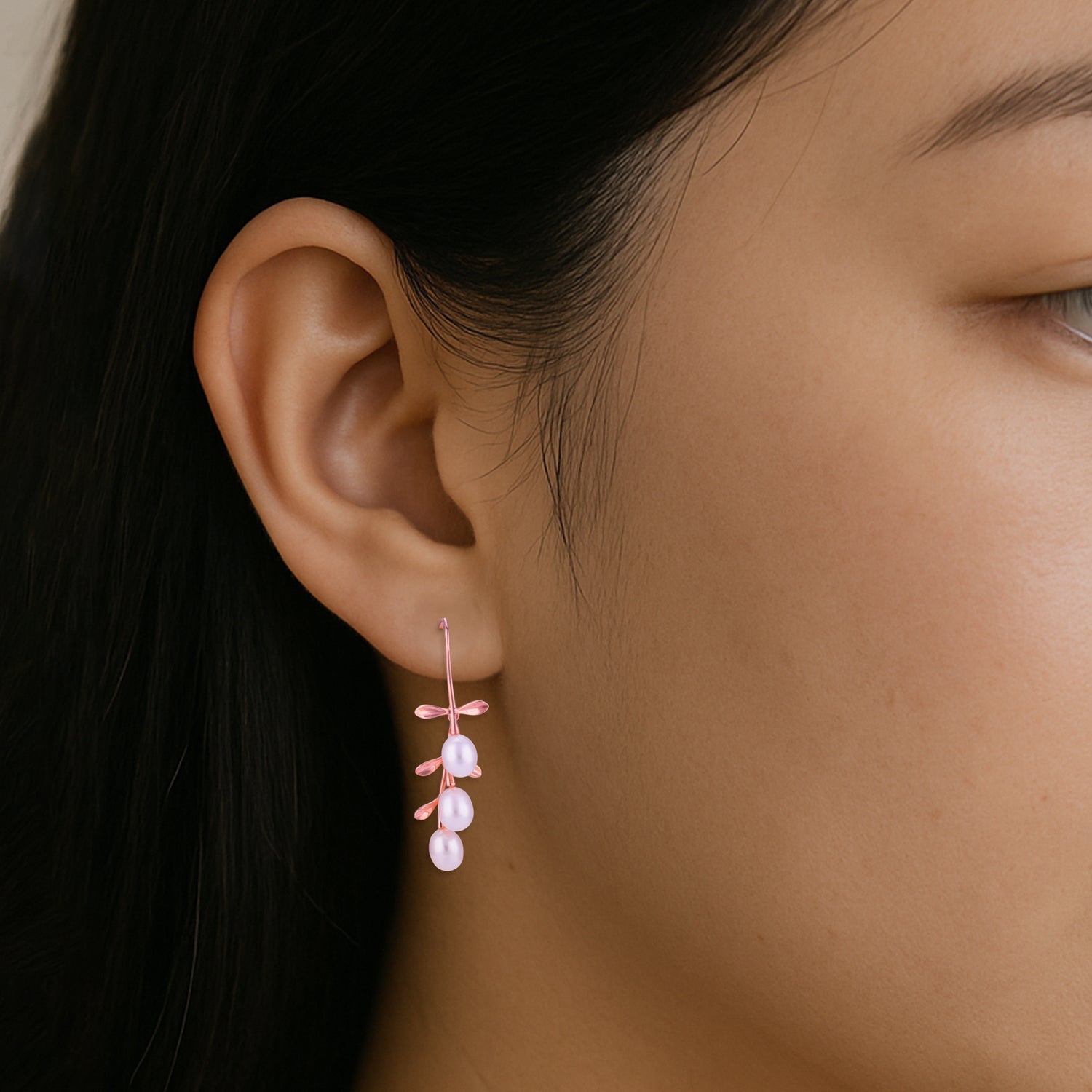 925 Sterling Silver Modern Leaf Triple Pearl Glossy Rose Gold Earrings for Women