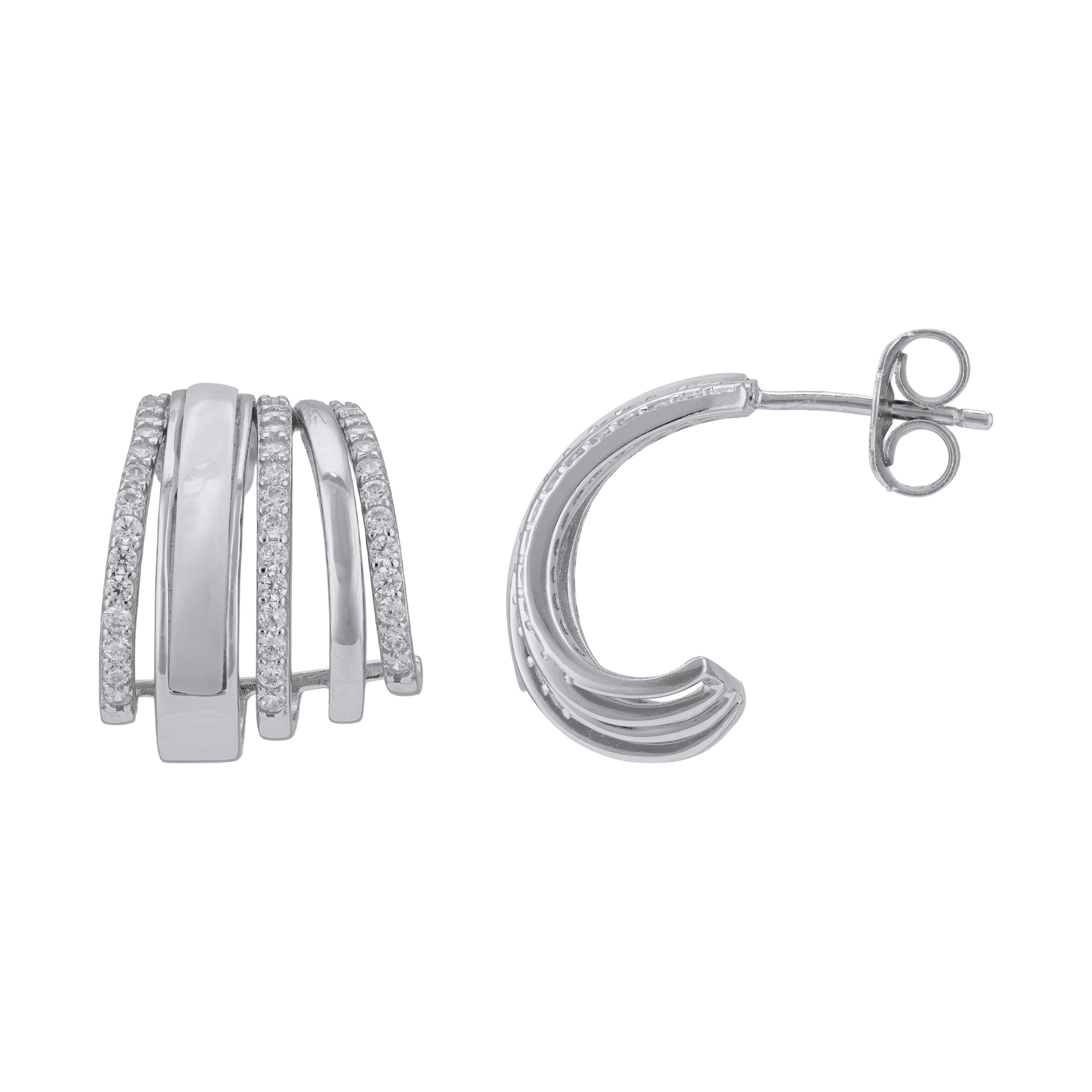 925 Sterling Silver Modern Triple Row Hoops Pearl Center Sparkle Earrings for Women