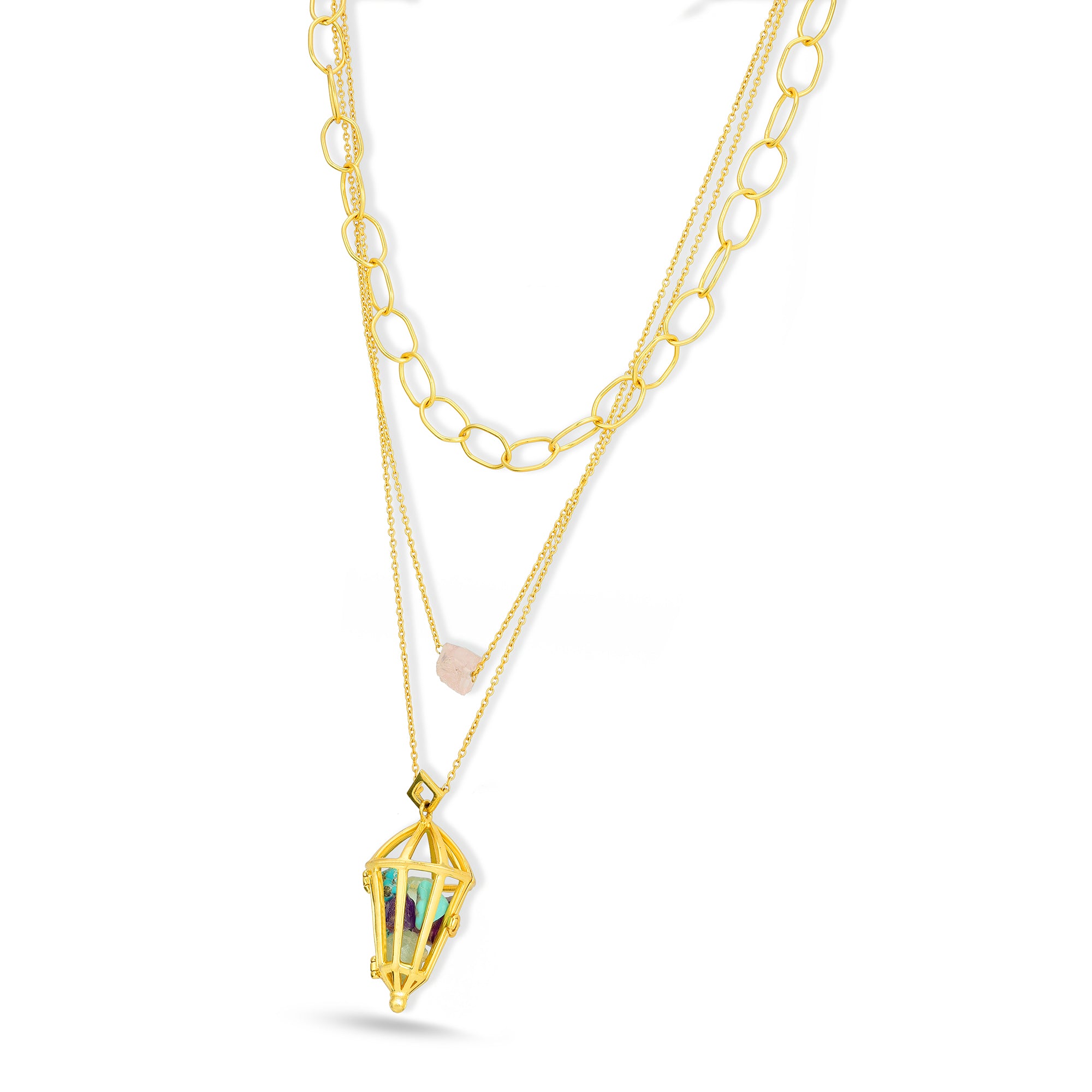 Gold necklace with a pendant on a white background