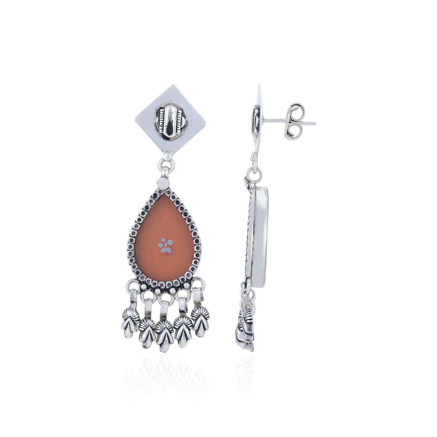 Earrings with a teardrop-shaped brown gemstone and silver accents on a white background