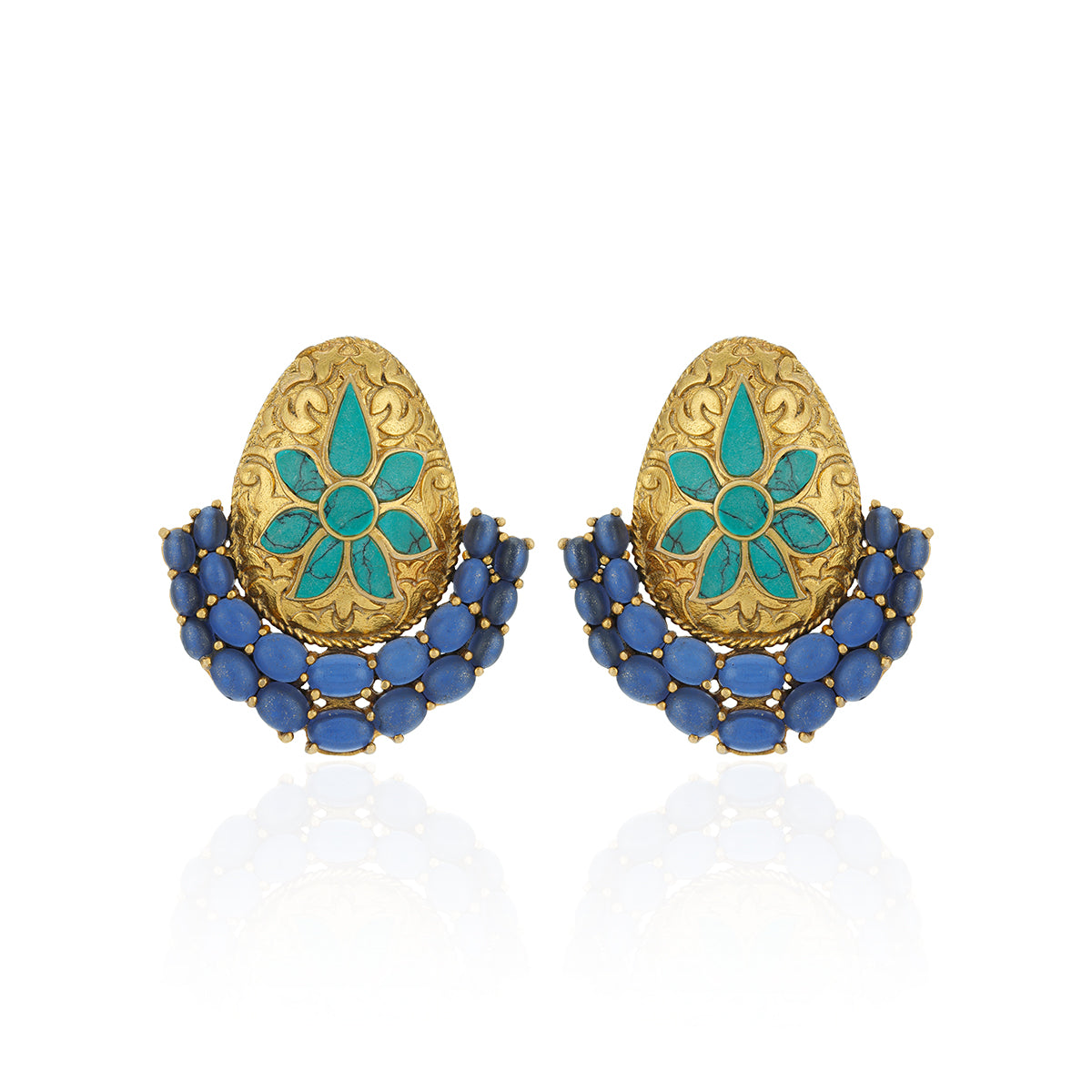 Pair of gold and blue earrings with floral design on a white background