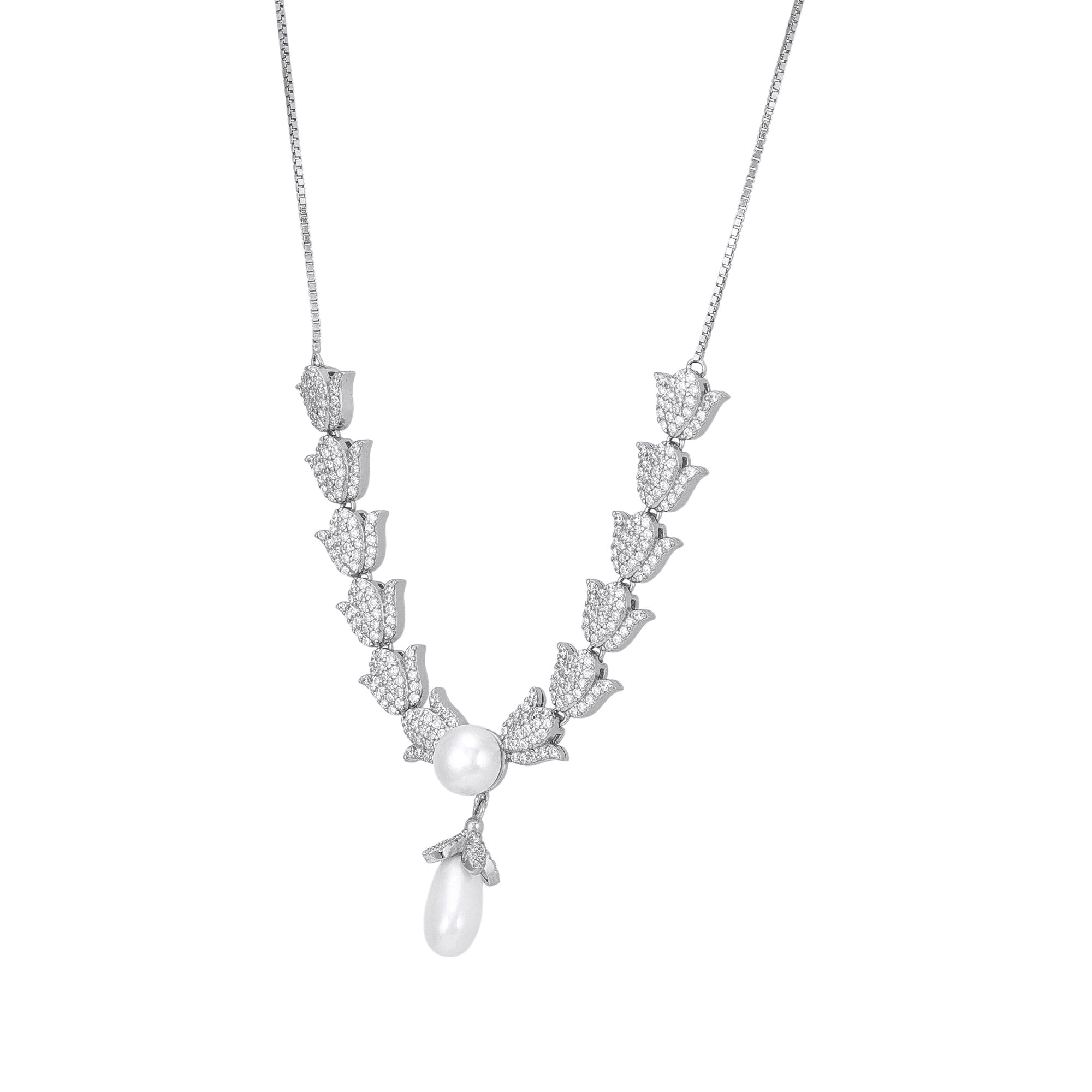 925 Sterling Silver Pave Tulip Collar Lustrous Pearl Drop Necklace for Women