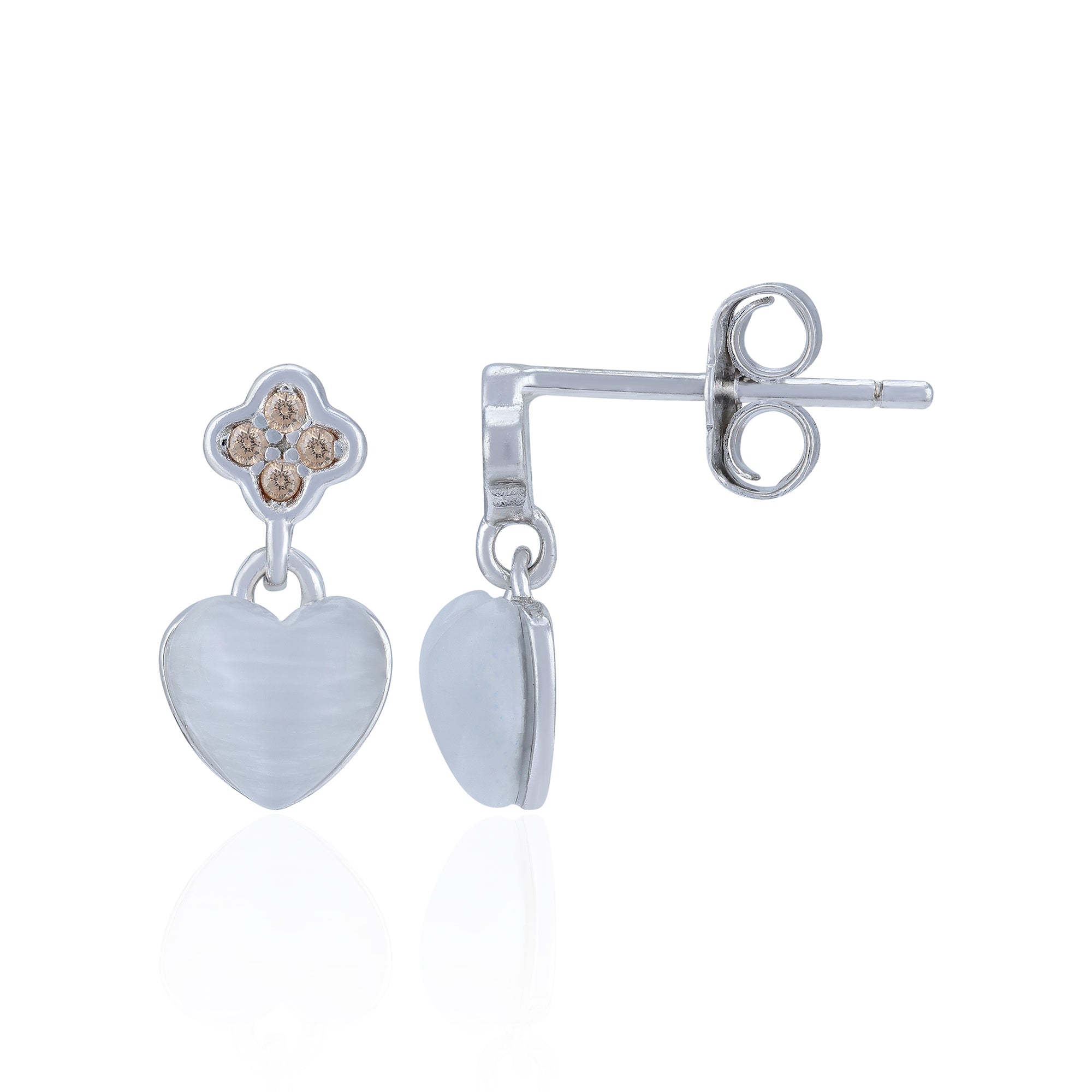 925 Sterling Silver Romantic Floral White Heart Drop Earring for Women