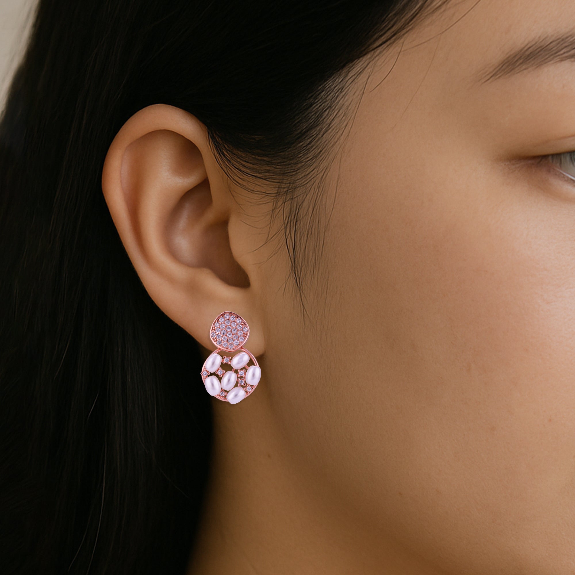 925 Sterling Silver Rose-Tinted Modern Pearl Orbit Crystal Mosaic Top Earrings for Women