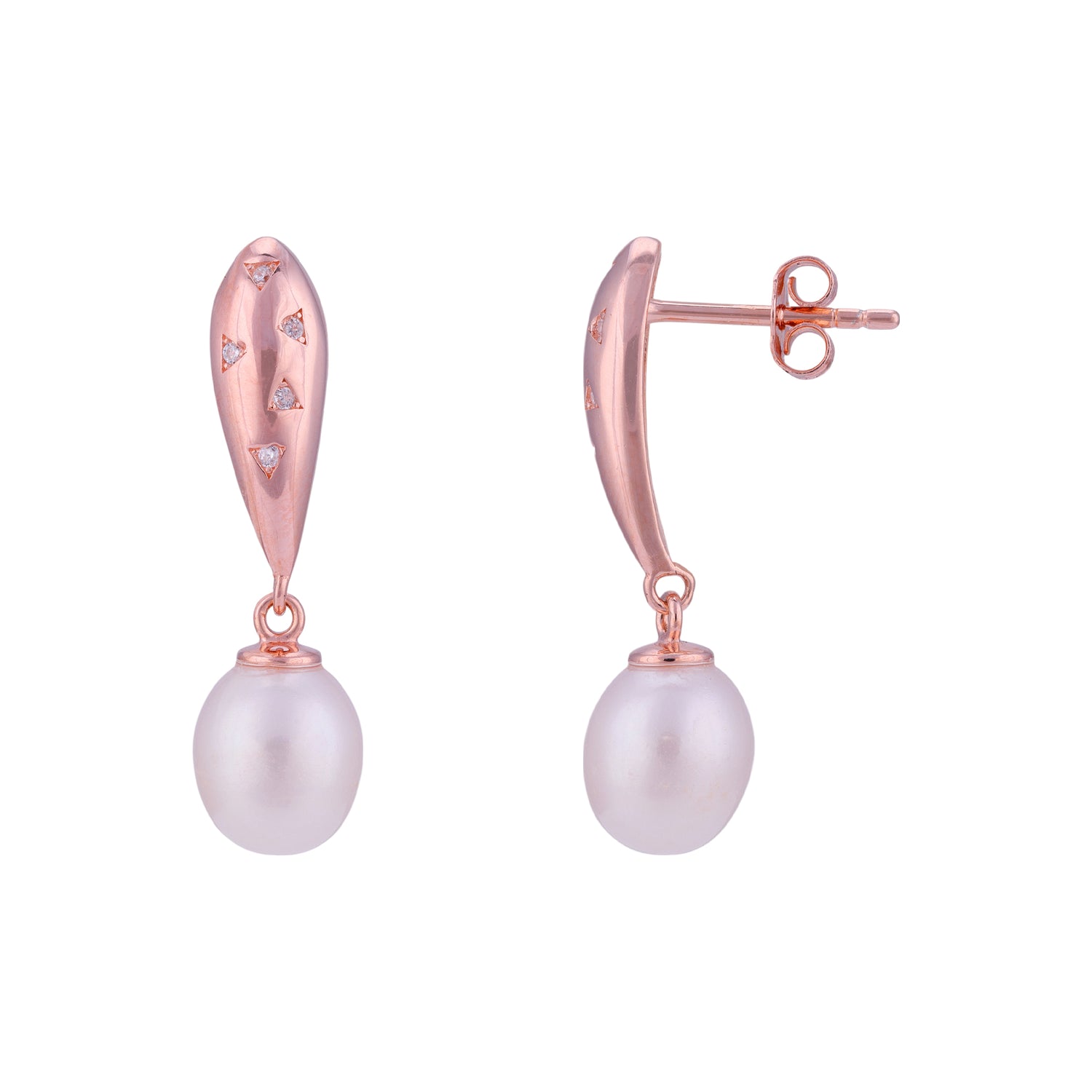 925 Sterling Silver Rose Gold Contemporary Pearl Dangle Earrings for Women