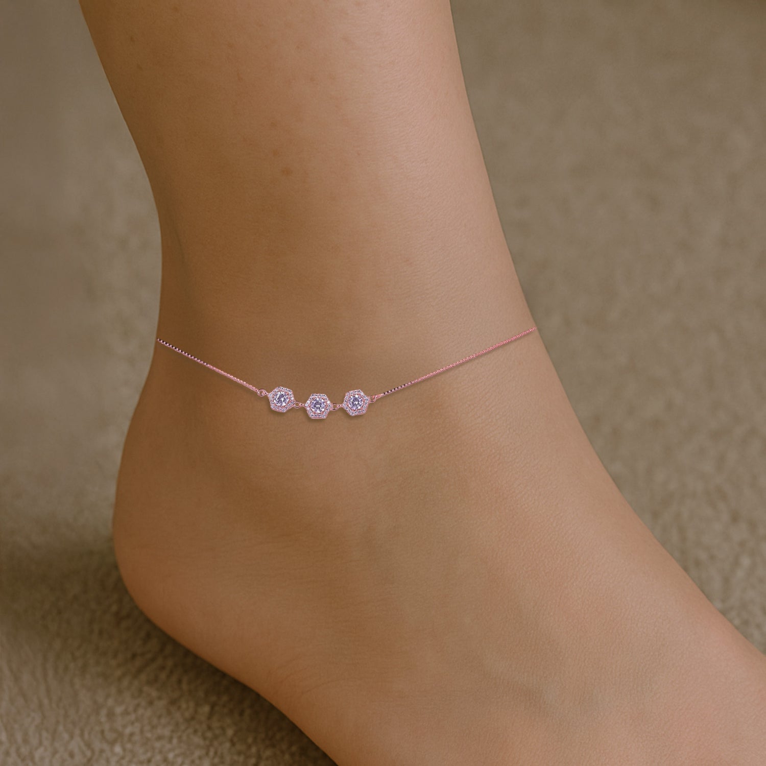 925 Sterling Silver Rose Gold Honeycomb Shine Anklets For Women