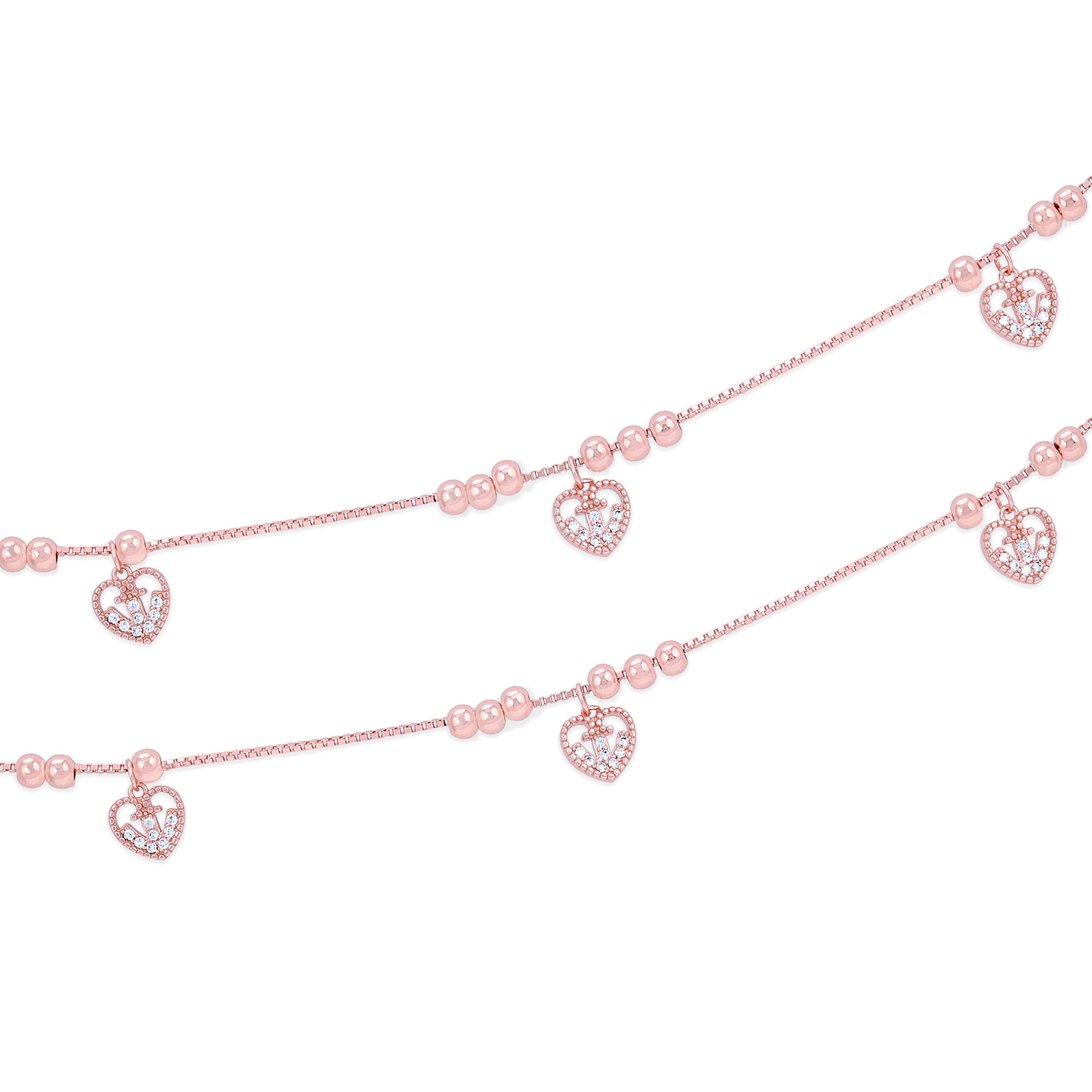 925 Sterling Silver Rose Gold Plated Heart Drop Charm Bracelet for Women