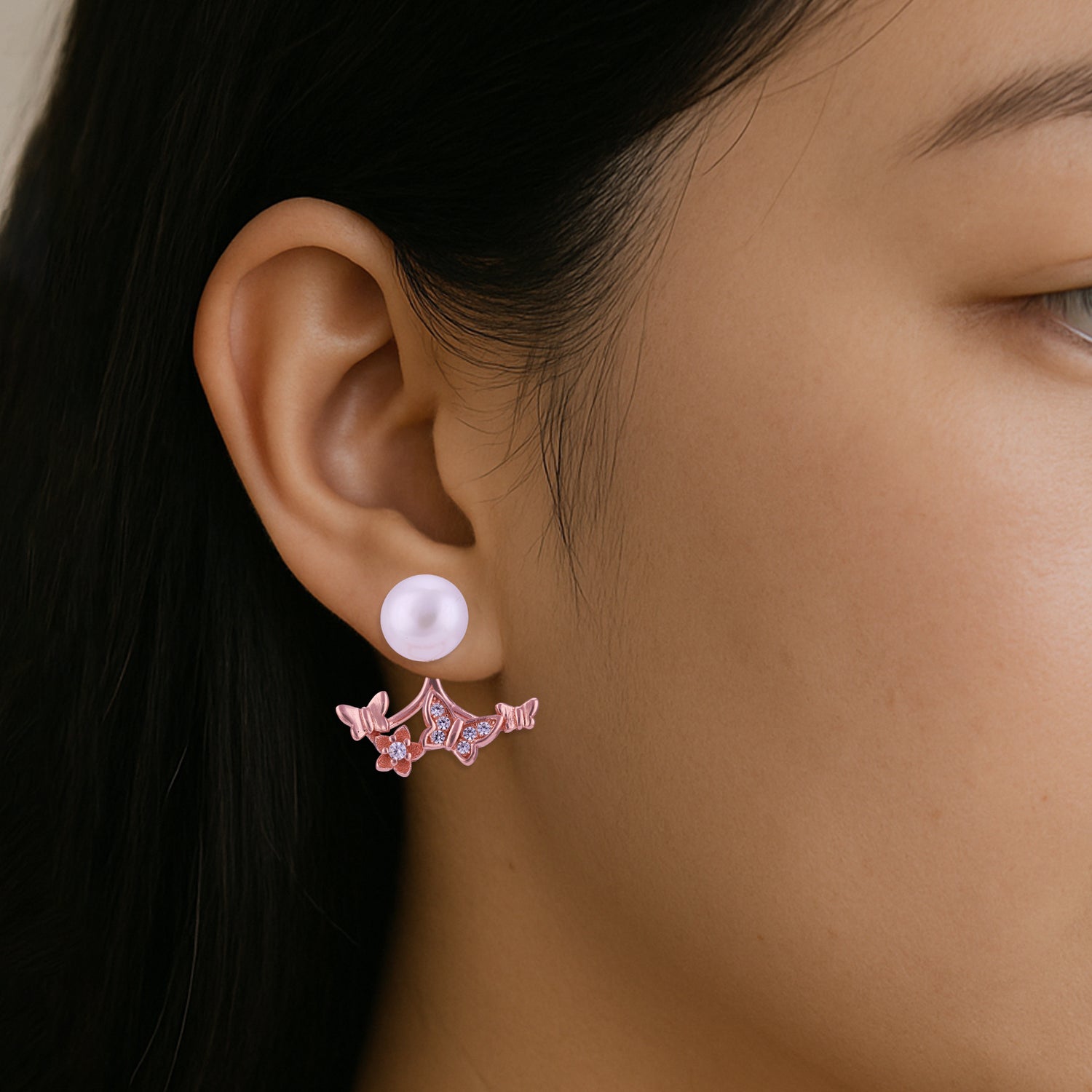 925 Sterling Silver Rose Gold Plated Triple Butterfly Pearl Earring for Women