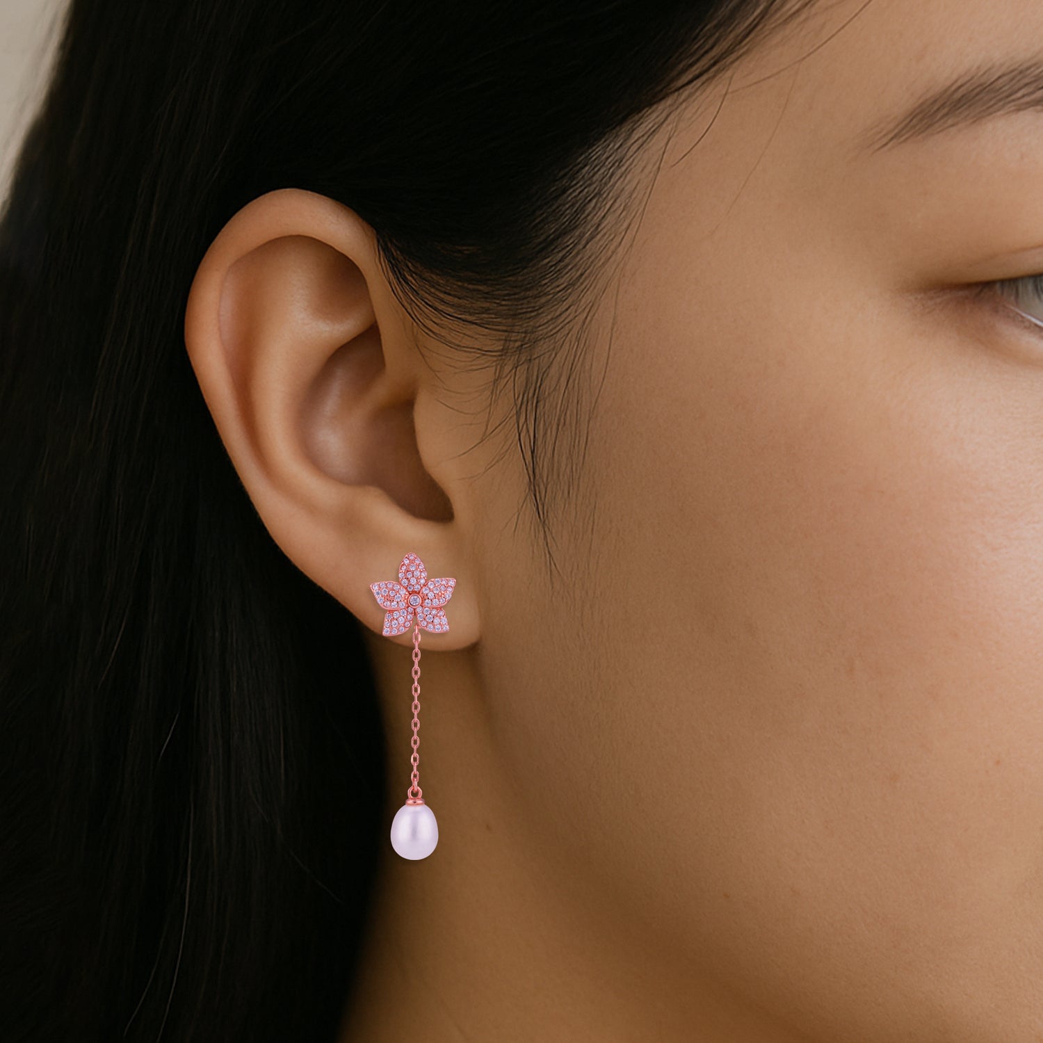 925 Sterling Silver Rose Gold Starburst Pearl Drop Chain Earrings for Women