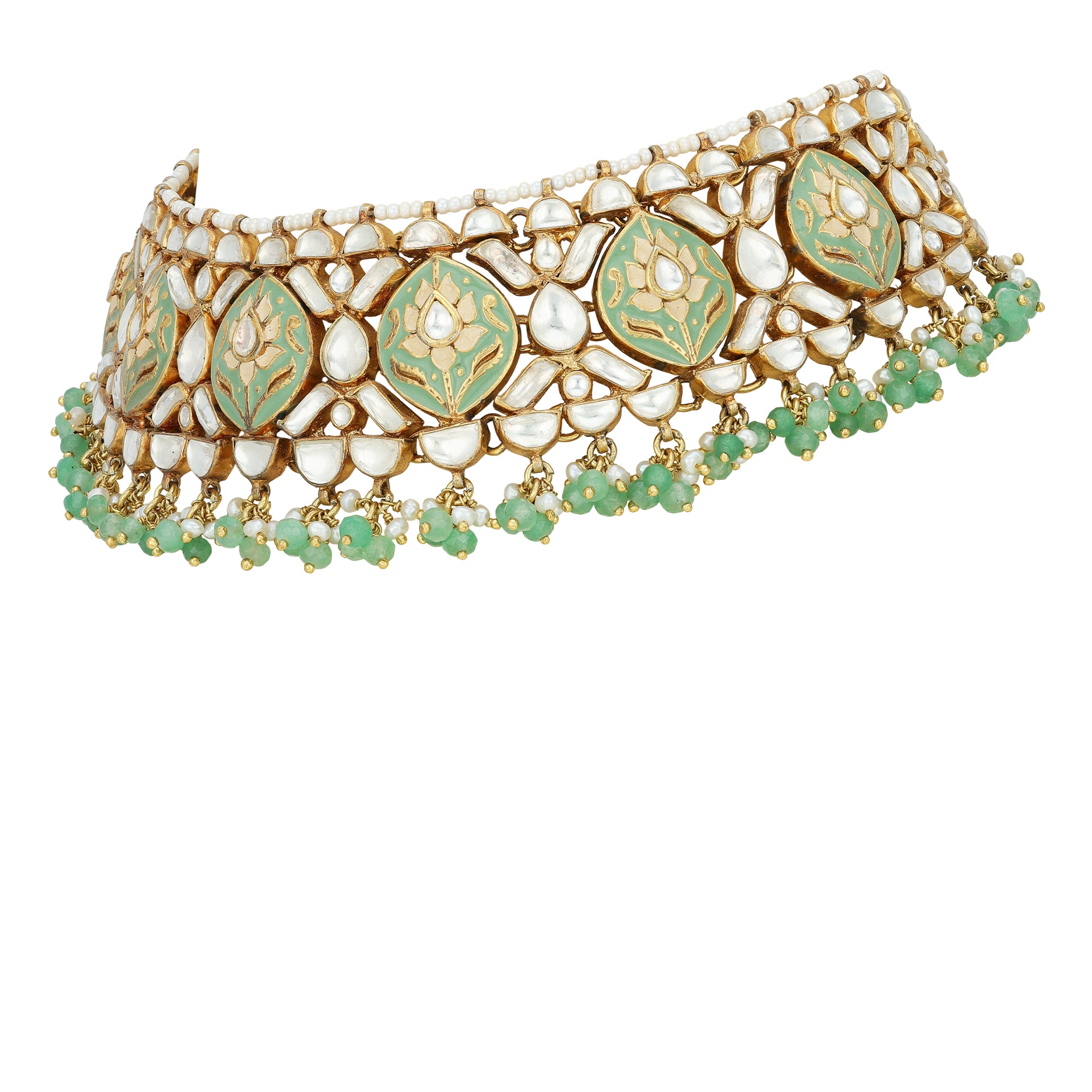 Close-up of Green Bloom Kundan Enamel and Pearl Work on 925 Silver Necklace