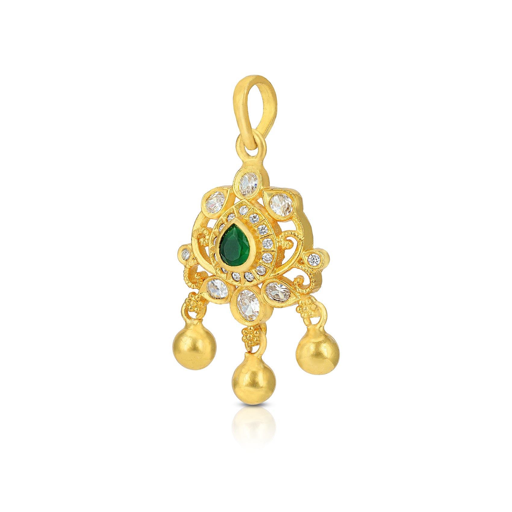 925 Sterling Silver Tear Drop Emerald Centre Dangling Gold Beads Pendant For Women