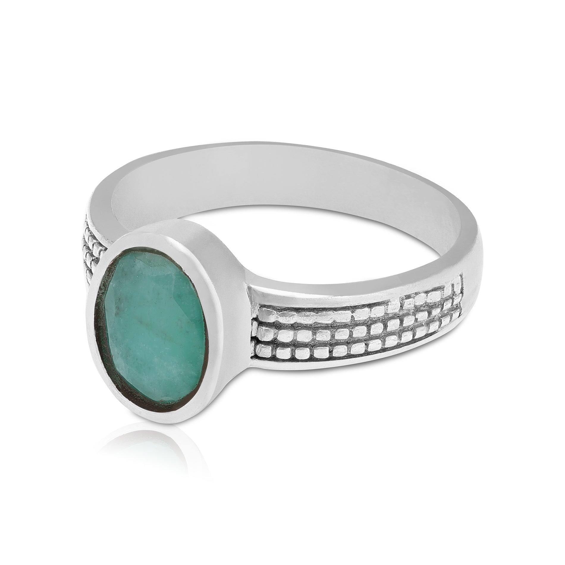 925 Sterling Silver Triple Textured Oval-Cut Emerald Green Stone Ring for Men