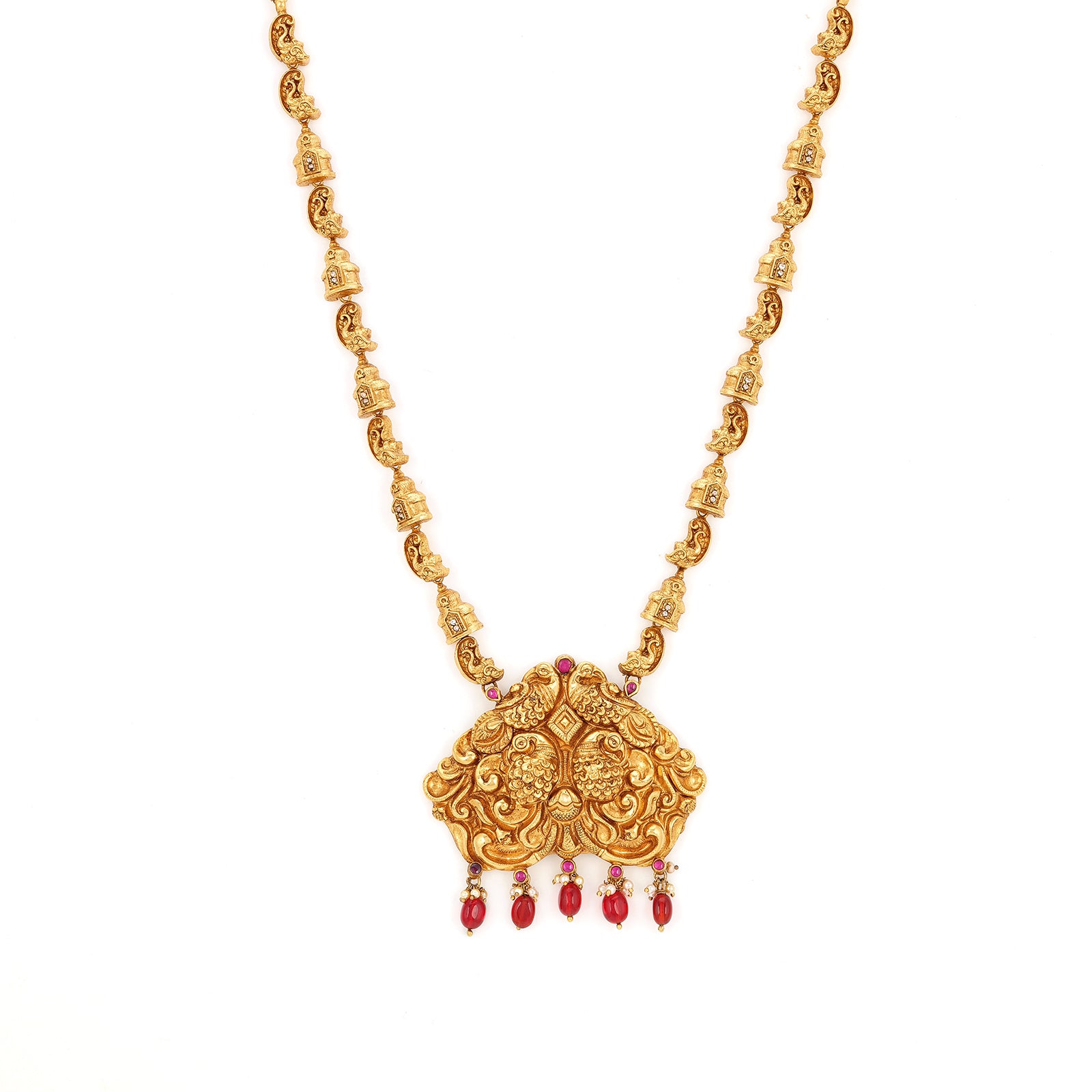 925 Sterling Silver Twin Peacocks Regal Ruby Dangle Necklace For Women