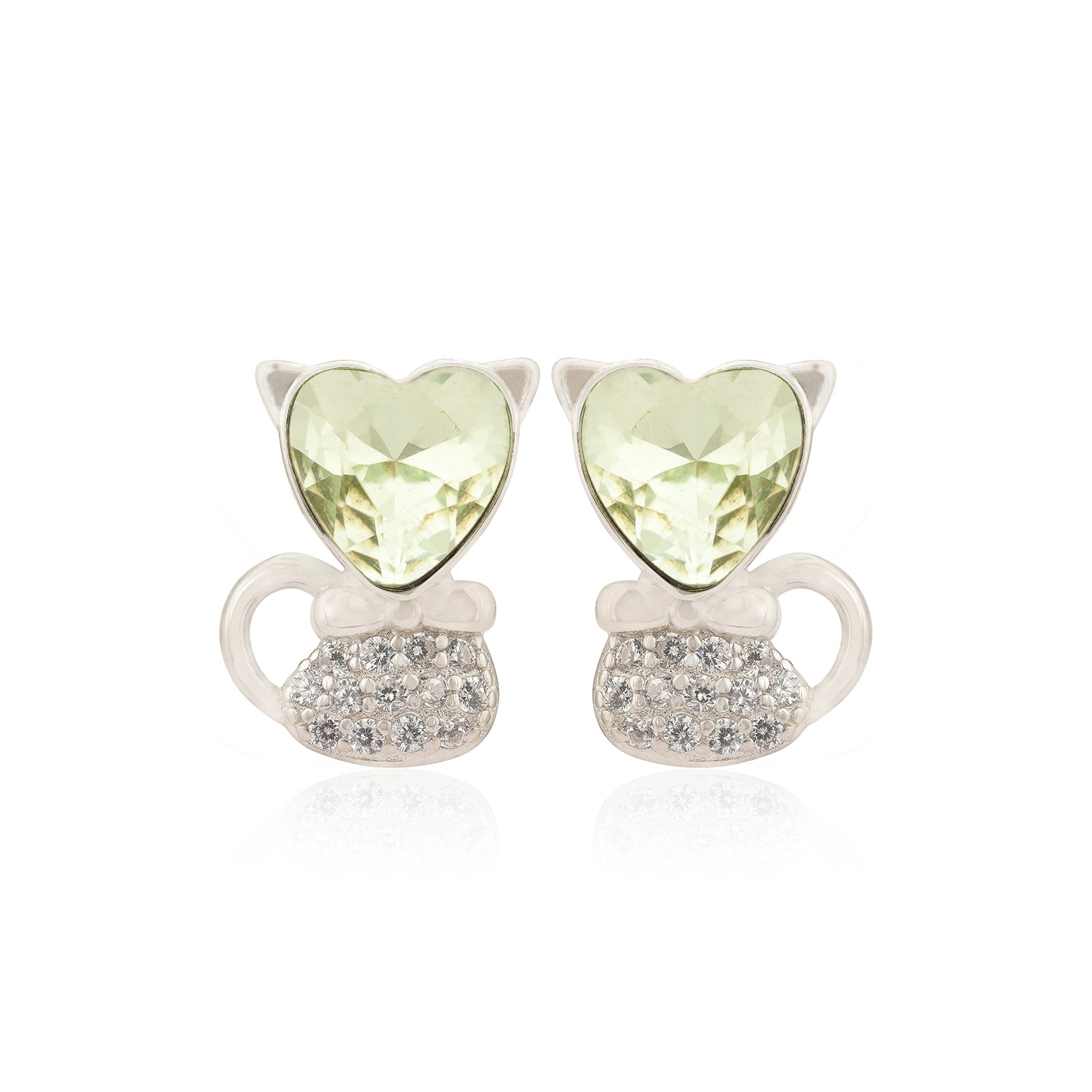 925 Adorable Heart Head Rhodium Plated Kitty Cat Studs