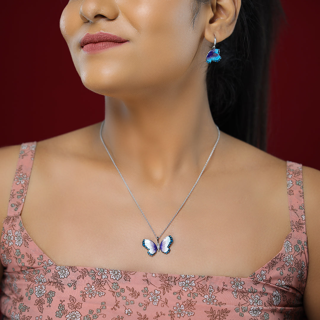 Aqua Blue Butterfly Rhodium Plated Chain Pendants  Modal