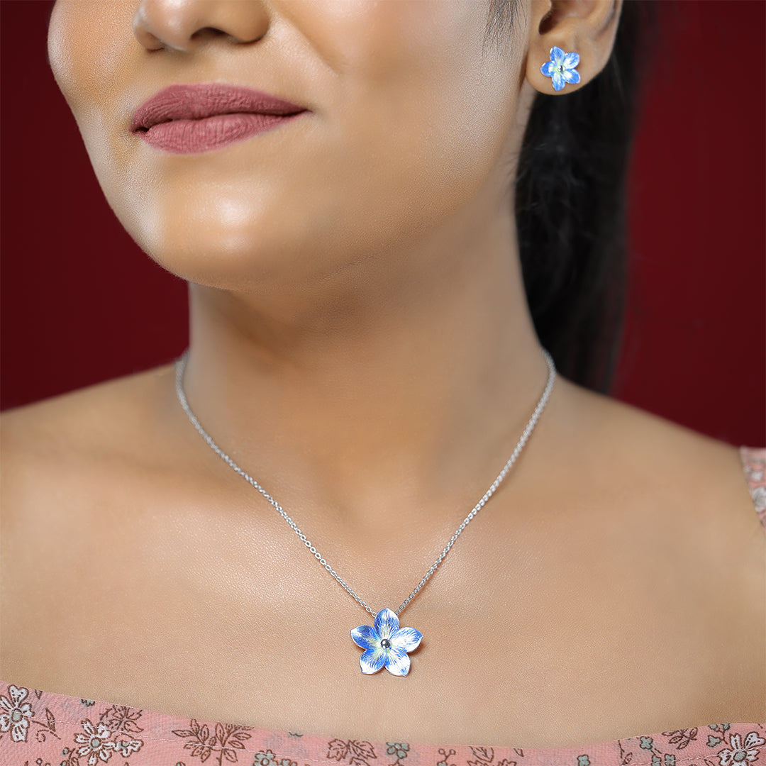 925 Blue Flax Flower Rhodium Plated Silver Chain Pendants