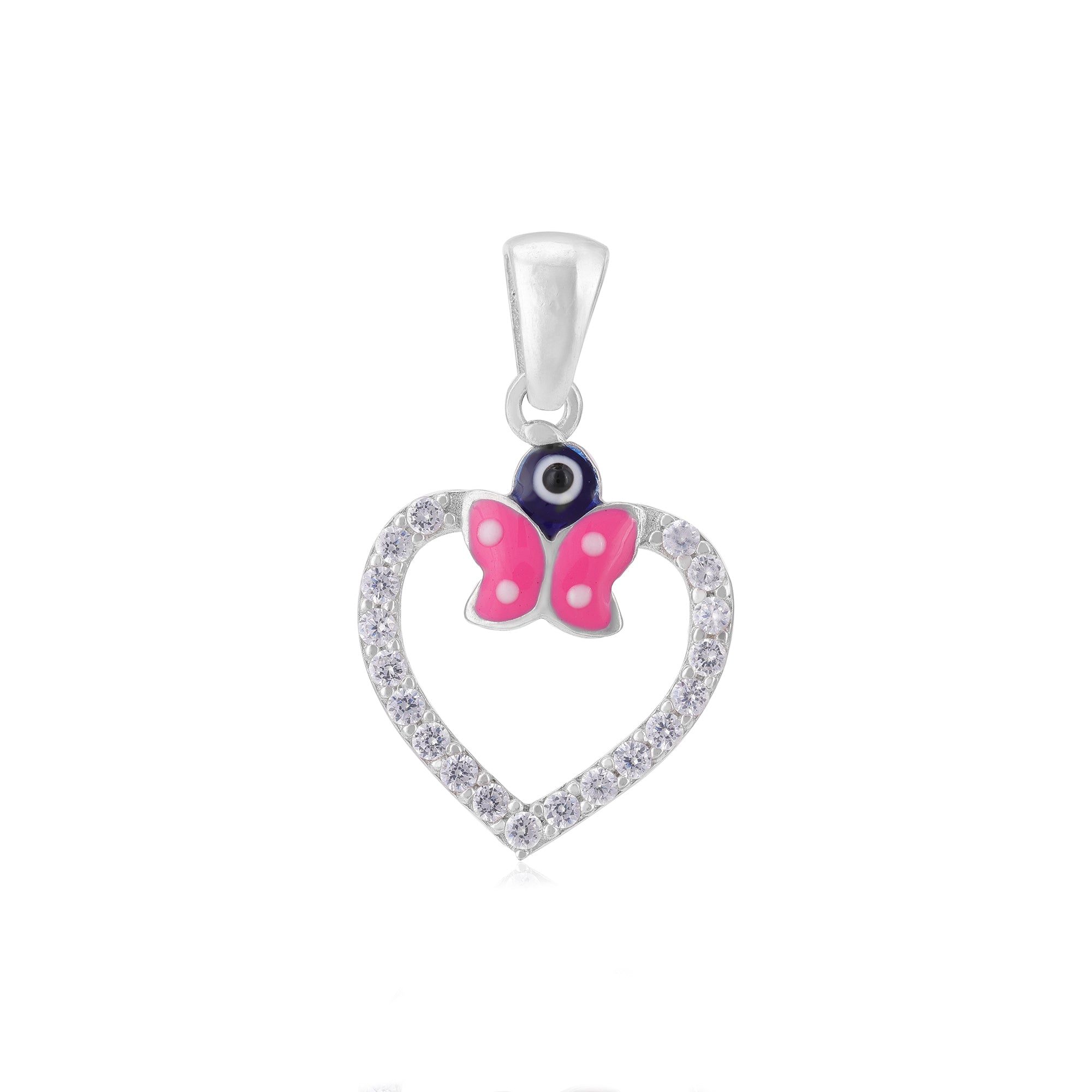 925 Candy Pink Flutter Enamel Rhodium Plated Heart Pendants