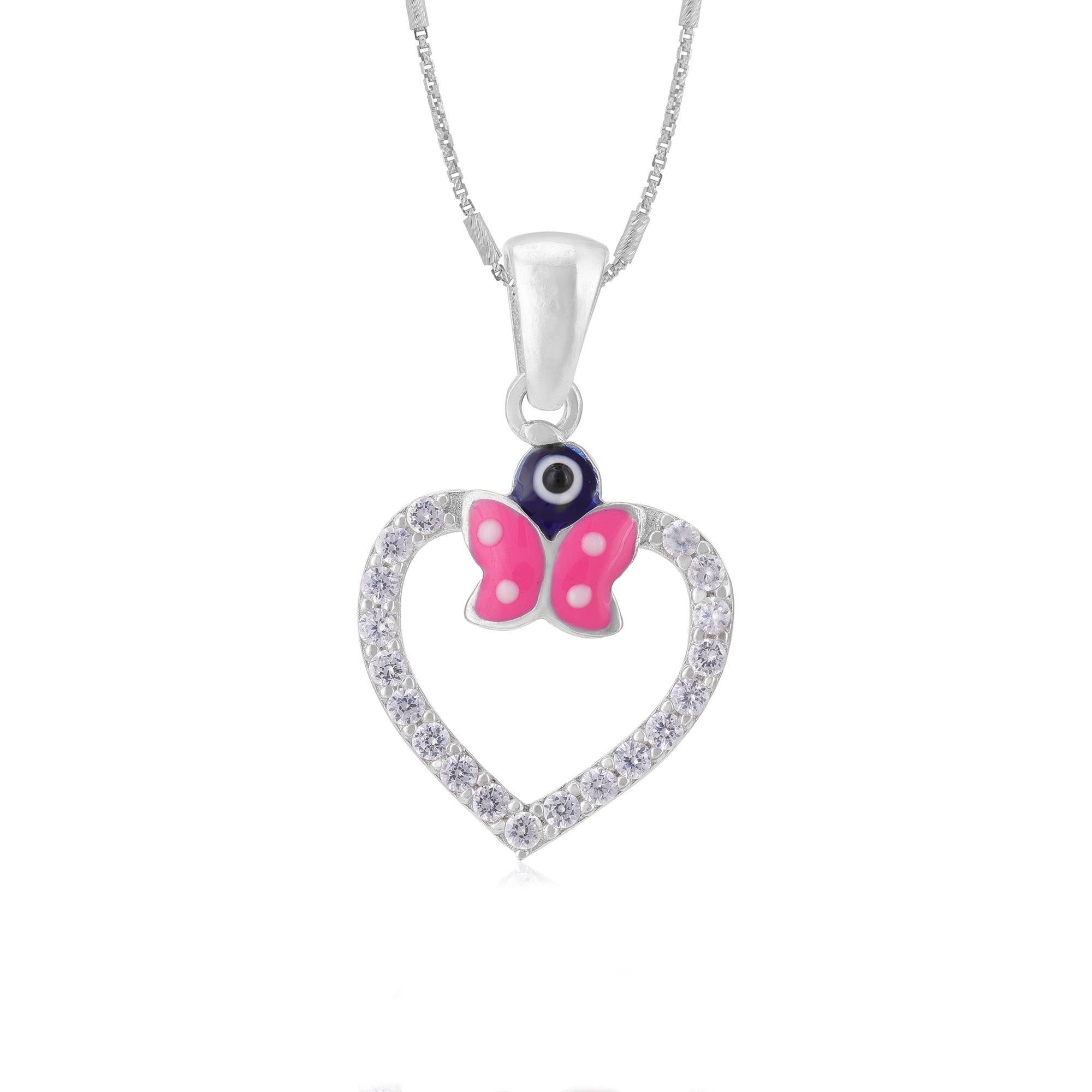 Candy Pink Flutter Enamel Rhodium Plated Heart Pendants