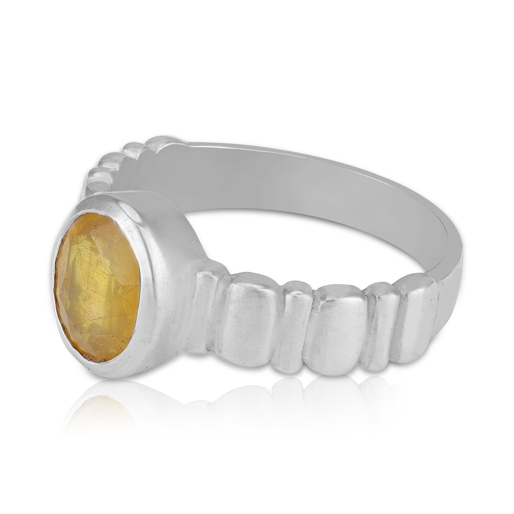 Classic Bezel-Set Yellow Sapphire Polished Silver with Vertical Bar Texture Band for Men